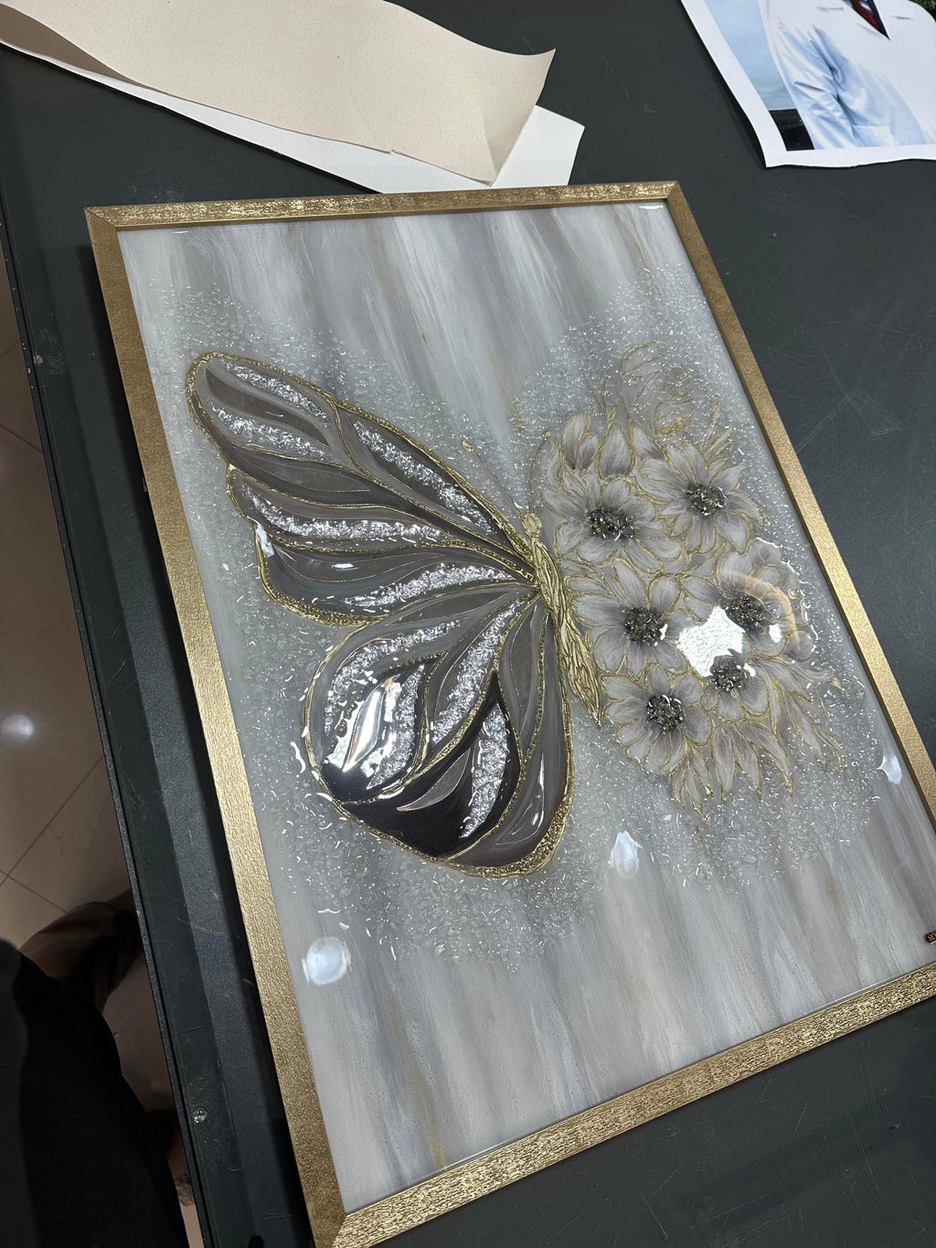 Horse Resin Art Painting , Flower Art , Butterfly Art With Mirror, Modern Art , Luxury Interior Art Handmade Oil Painting