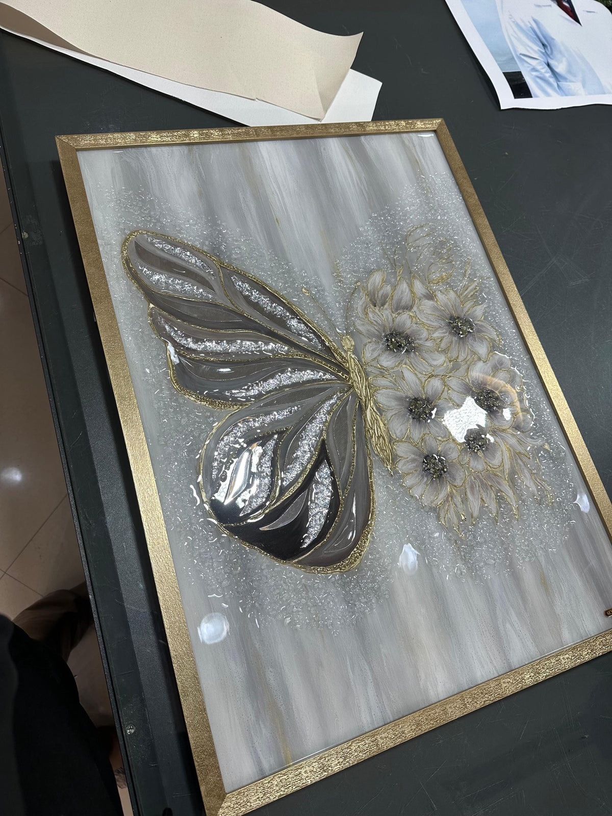 Horse Resin Art Painting , Flower Art , Butterfly Art With Mirror, Modern Art , Luxury Interior Art Handmade Oil Painting