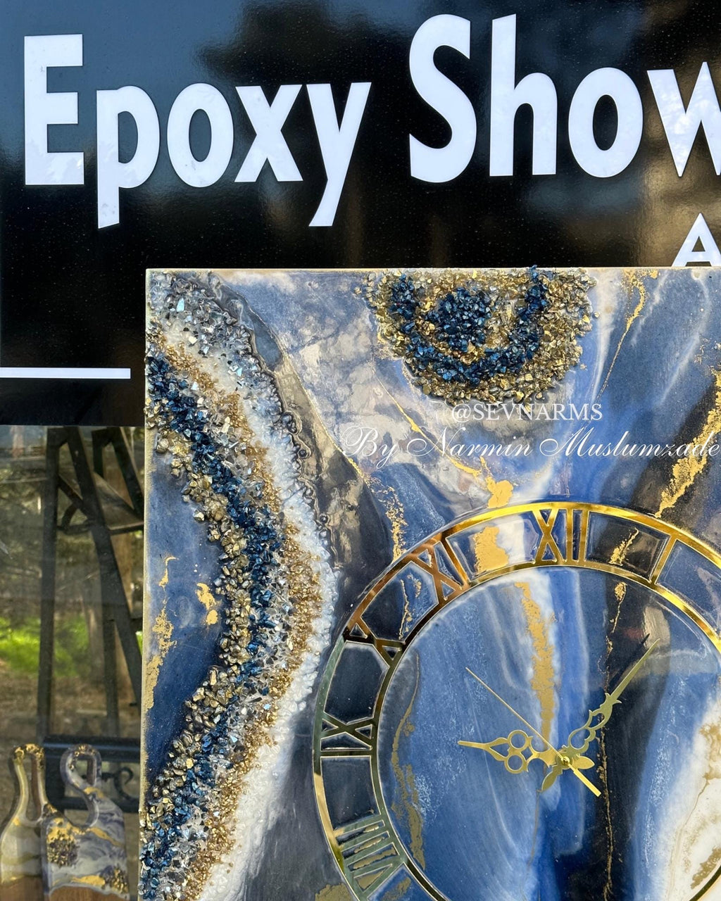 Large Navy Blue Geode Resin Wall Clock,Rectangular Epoxy Art Clock Glass Crystals, Luxury Statement Wall Decor, Modern Abstract Art