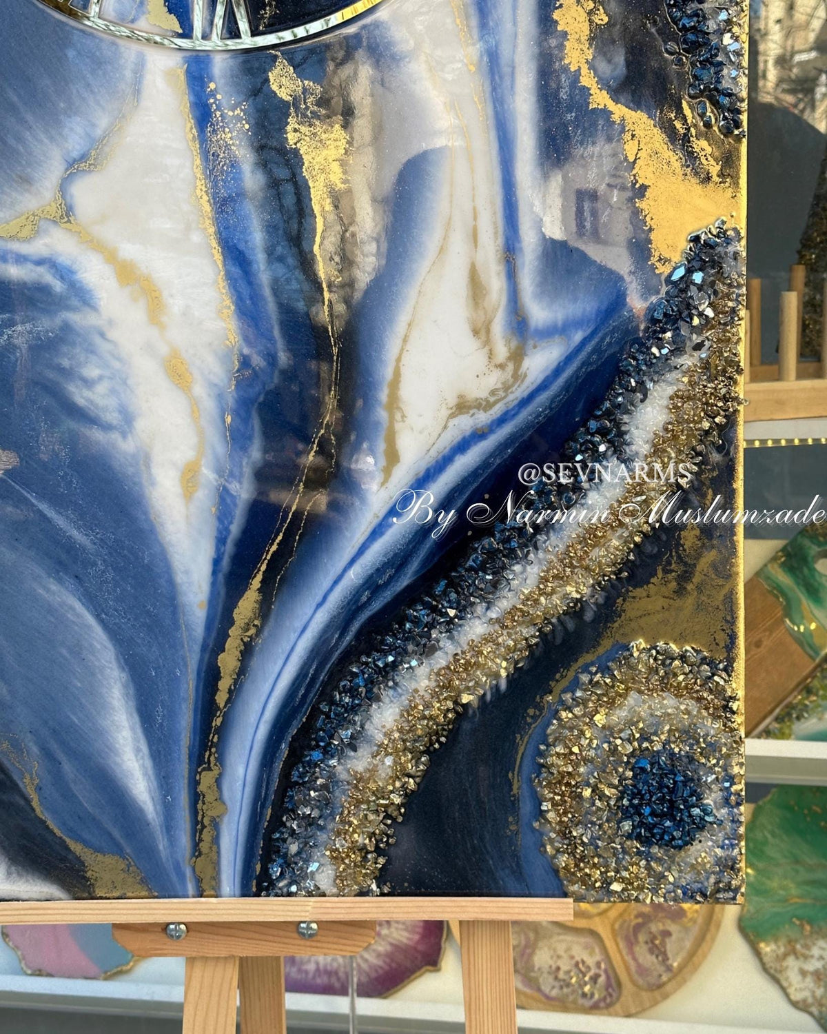 Large Navy Blue Geode Resin Wall Clock,Rectangular Epoxy Art Clock Glass Crystals, Luxury Statement Wall Decor, Modern Abstract Art