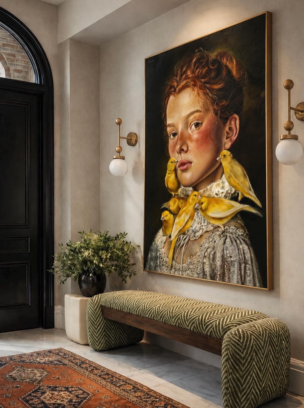 Oil painting Portrait of Woman with Yellow Birds, Surreal Canary Art , Dark Academia Canvas Wall Decor, Fantasy Vintage Art