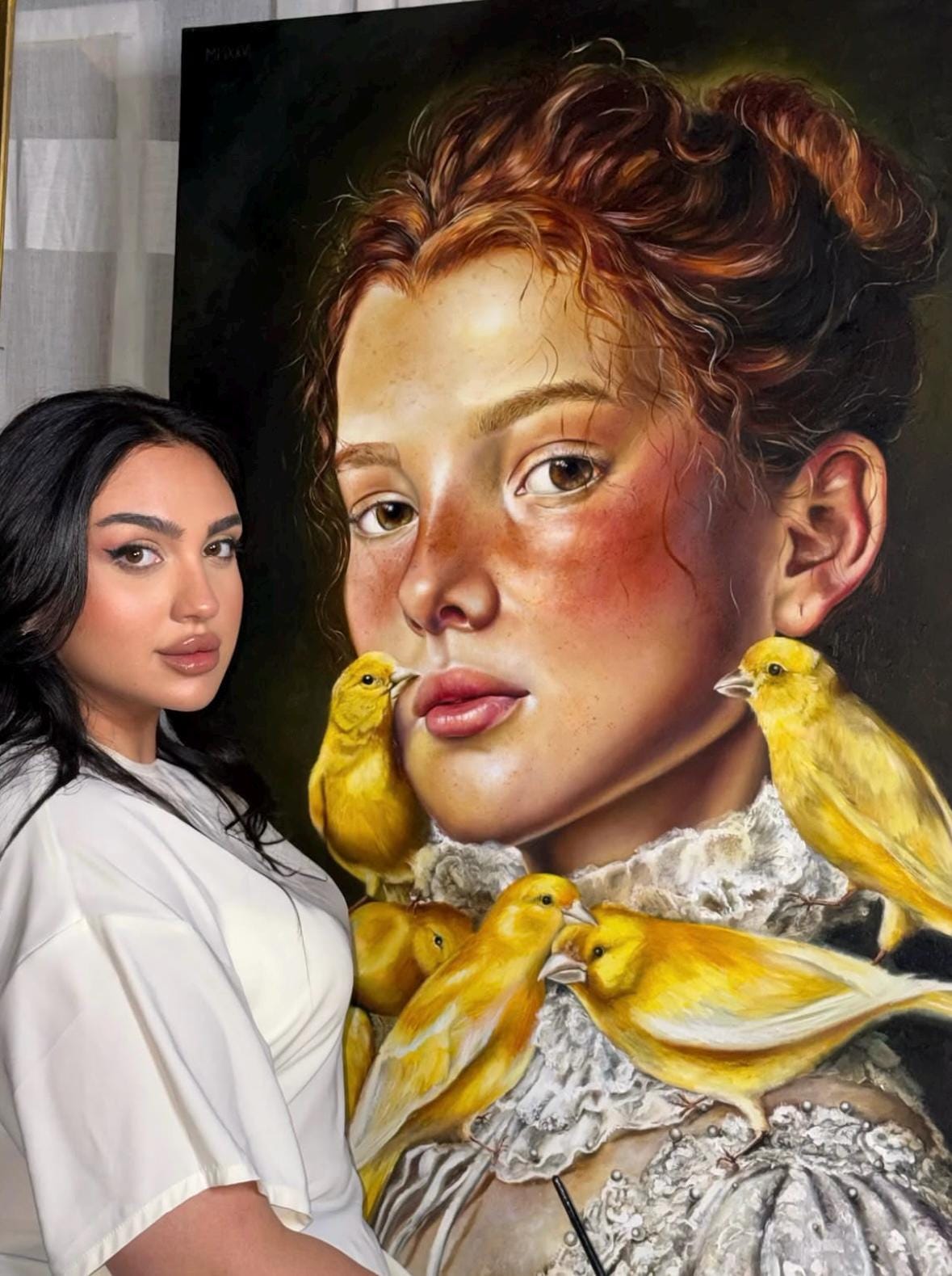 Oil painting Portrait of Woman with Yellow Birds, Surreal Canary Art , Dark Academia Canvas Wall Decor, Fantasy Vintage Art