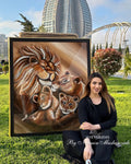 Handmade Lion Resin Art, Family Acrylic Painting | Epoxy Wall Art with Glass Stones & Mirror Details | Hand-Painted Wildlife 3D Home Decor