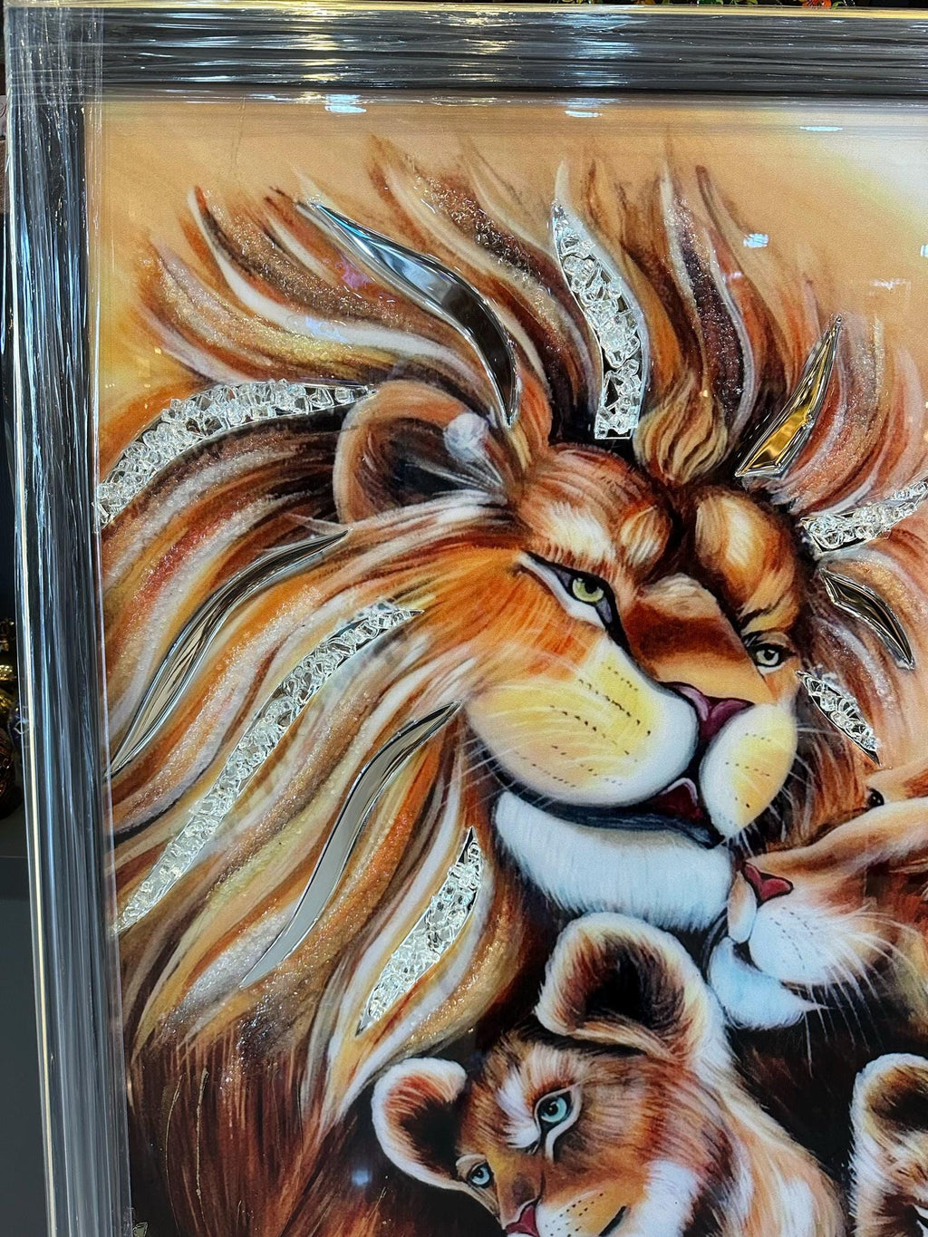 Handmade Lion Resin Art, Family Acrylic Painting | Epoxy Wall Art with Glass Stones & Mirror Details | Hand-Painted Wildlife 3D Home Decor