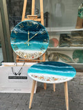 Handmade Epoxy Resin Ocean Table  Clock: Turquoise Blue, Shells, Starfish (Wall Clock)