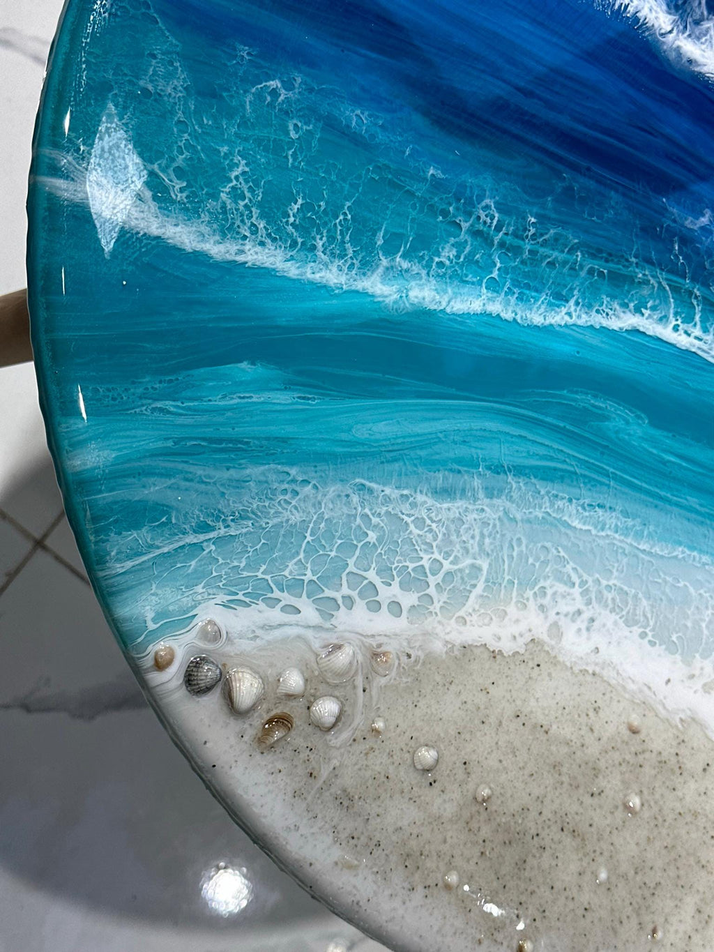 Handmade Epoxy Resin Ocean Table  Clock: Turquoise Blue, Shells, Starfish (Wall Clock)