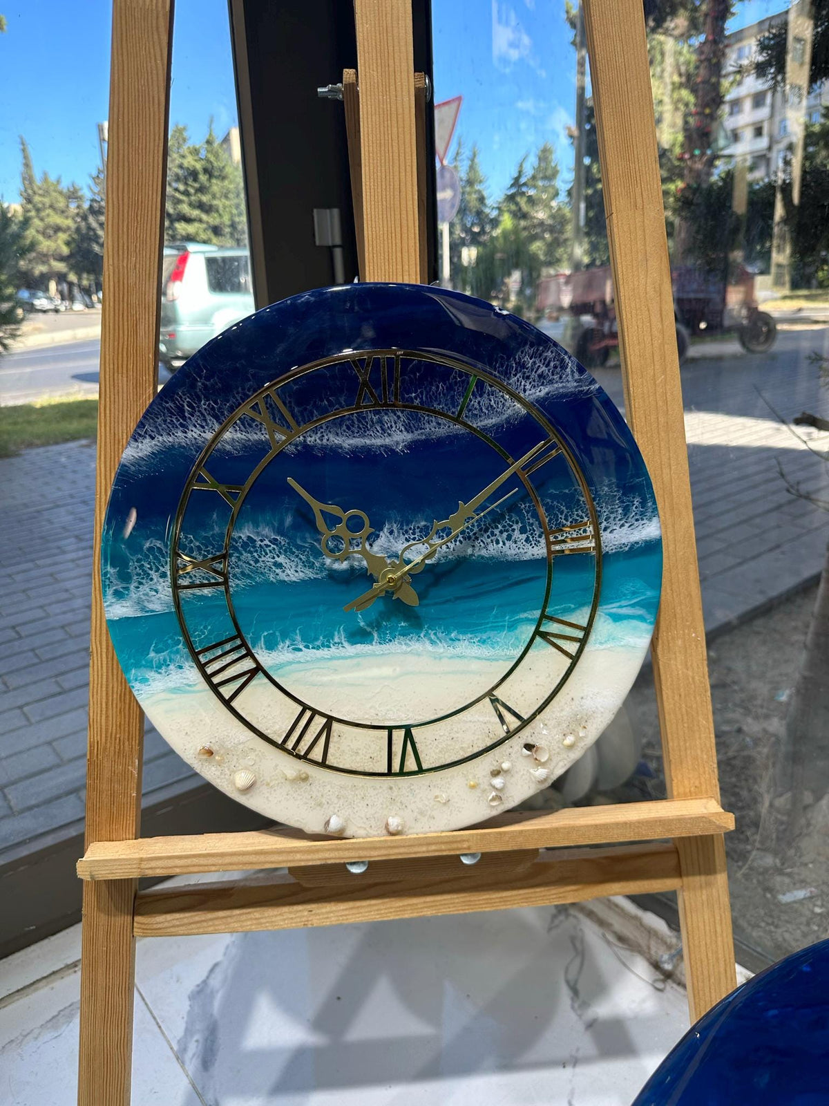 Handmade Epoxy Resin Ocean Table  Clock: Turquoise Blue, Shells, Starfish (Wall Clock)