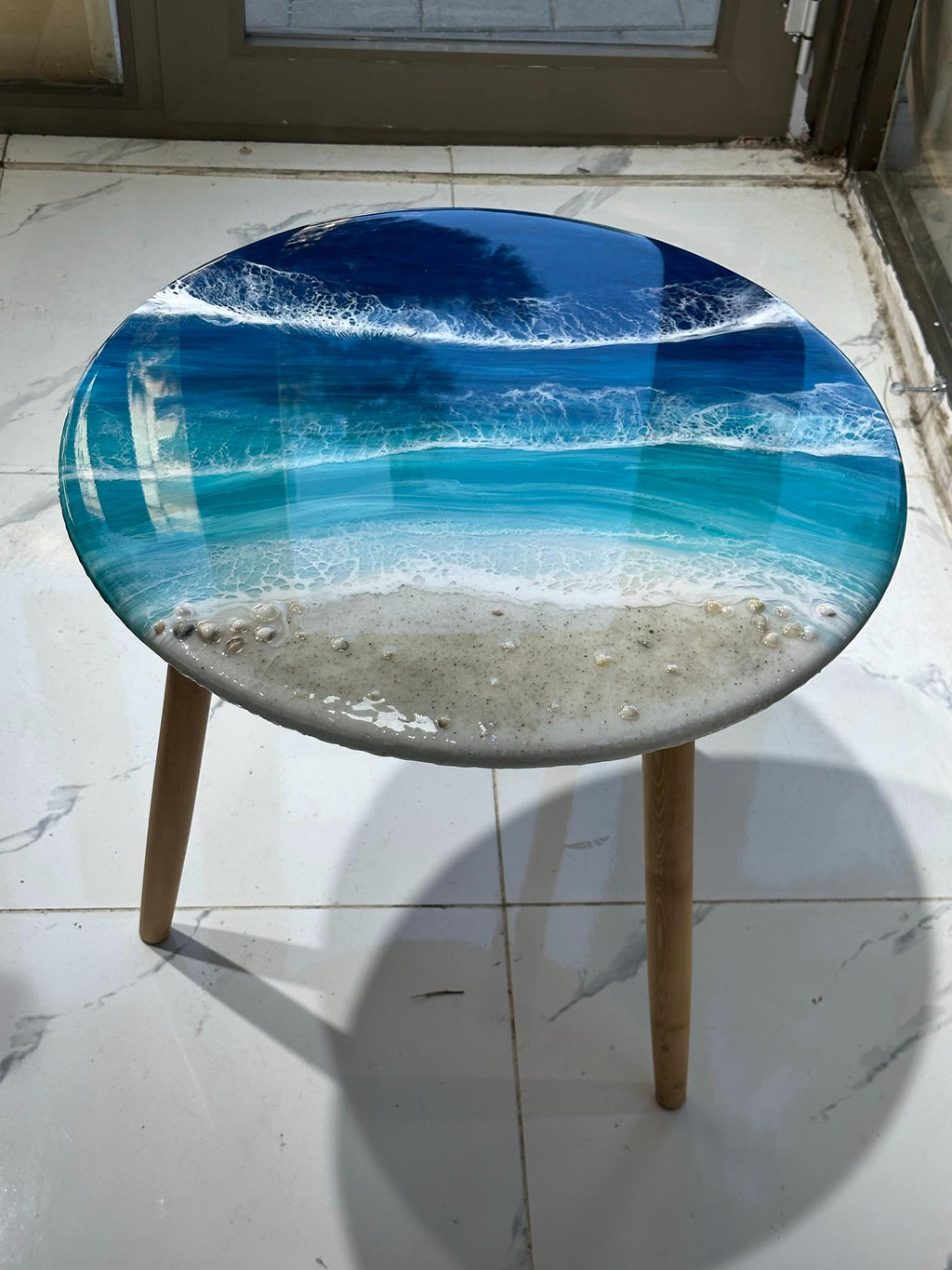 Handmade Epoxy Resin Ocean Table  Clock: Turquoise Blue, Shells, Starfish (Wall Clock)