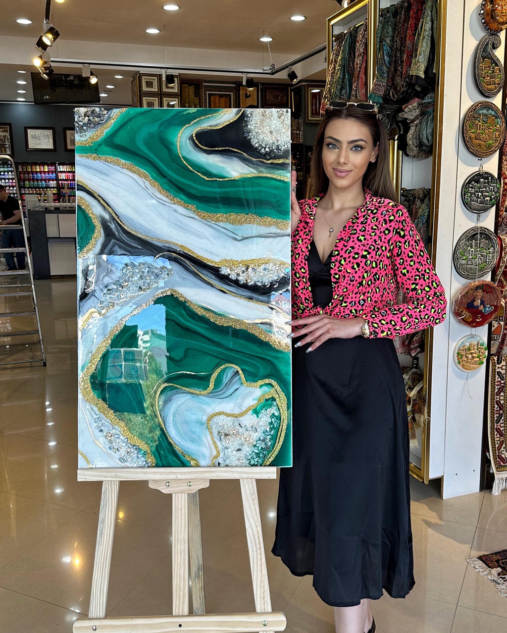 Emerald Green Geode Resin Art, Epoxy Resin Slice Painting with Crystals and Gold Accents, Custom Modern Wall Decor