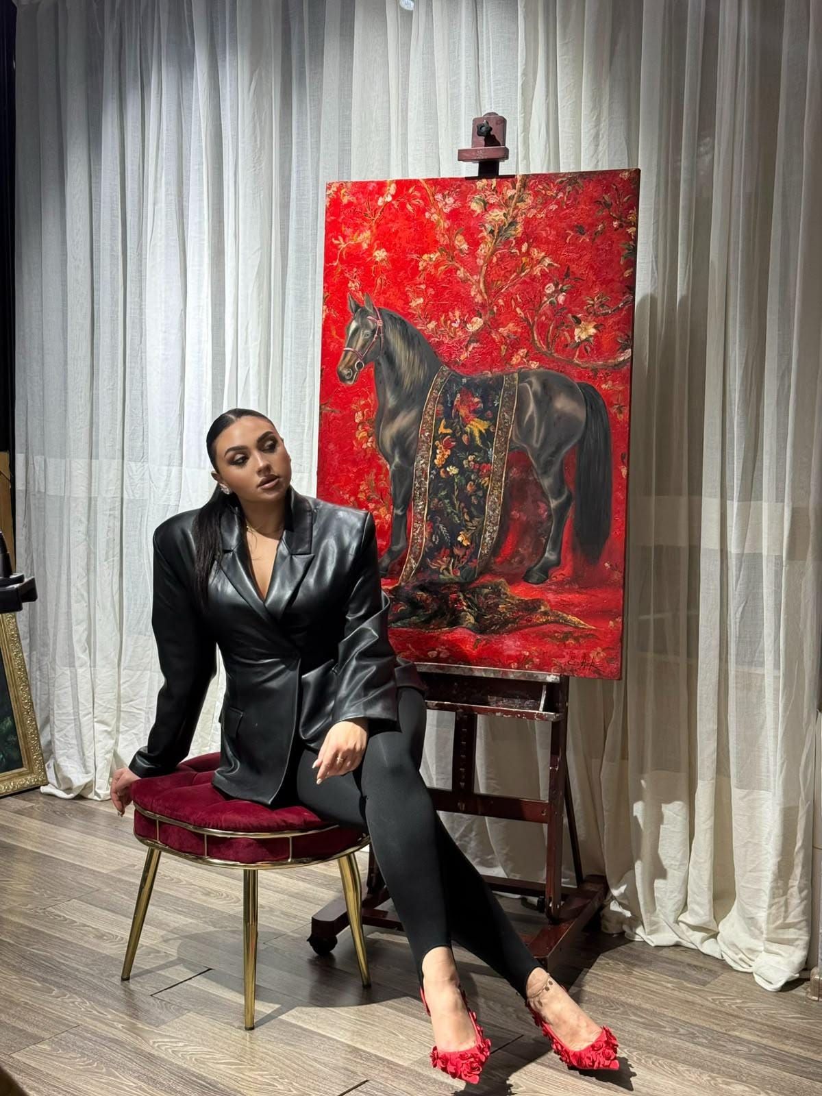 Original Horse Oil Painting, Regal Black Horse Portrait with Asian Floral Pattern on Red, Large Equestrian Wall Art, Chinoiserie Decoration
