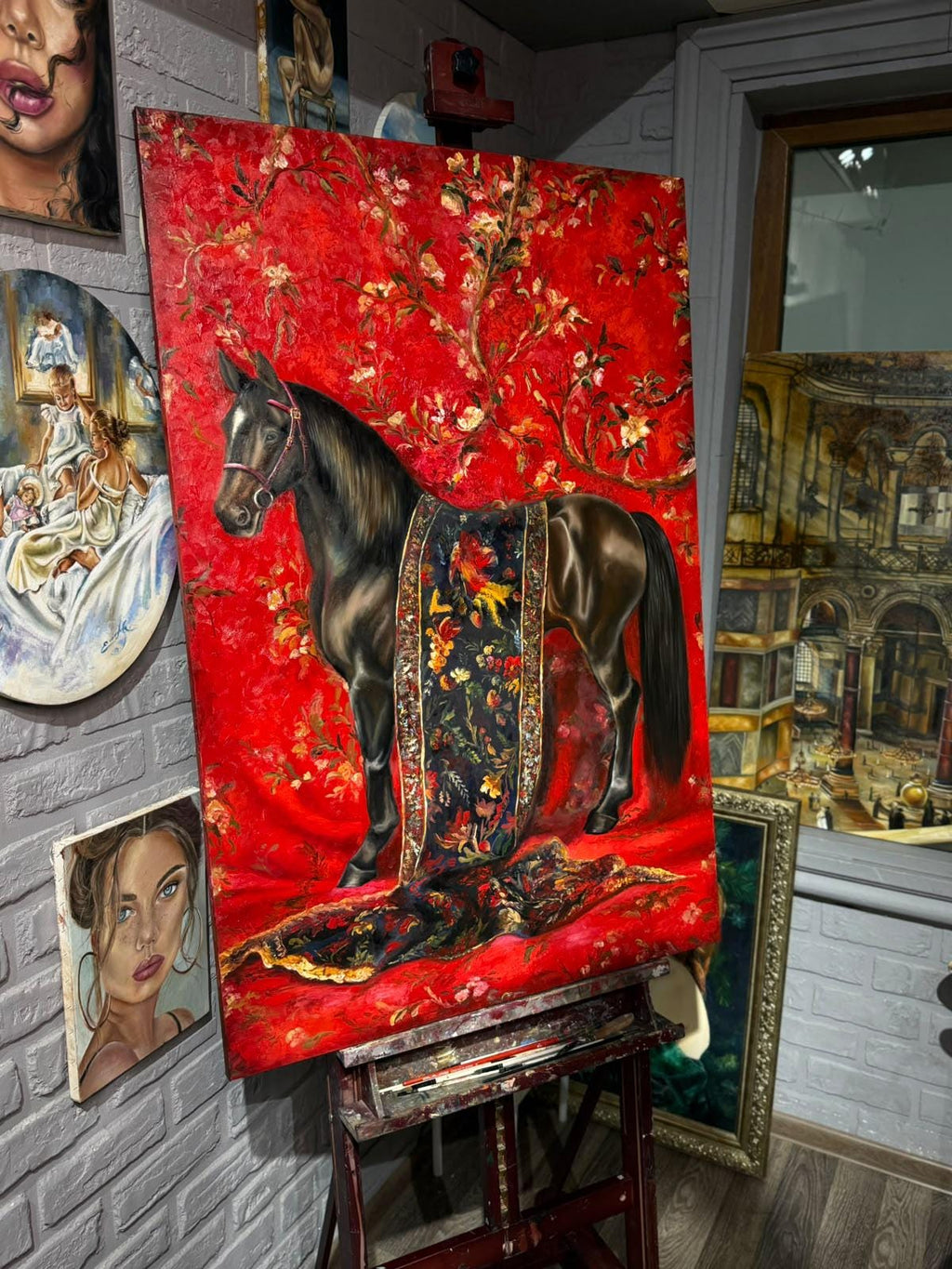 Original Horse Oil Painting, Regal Black Horse Portrait with Asian Floral Pattern on Red, Large Equestrian Wall Art, Chinoiserie Decoration