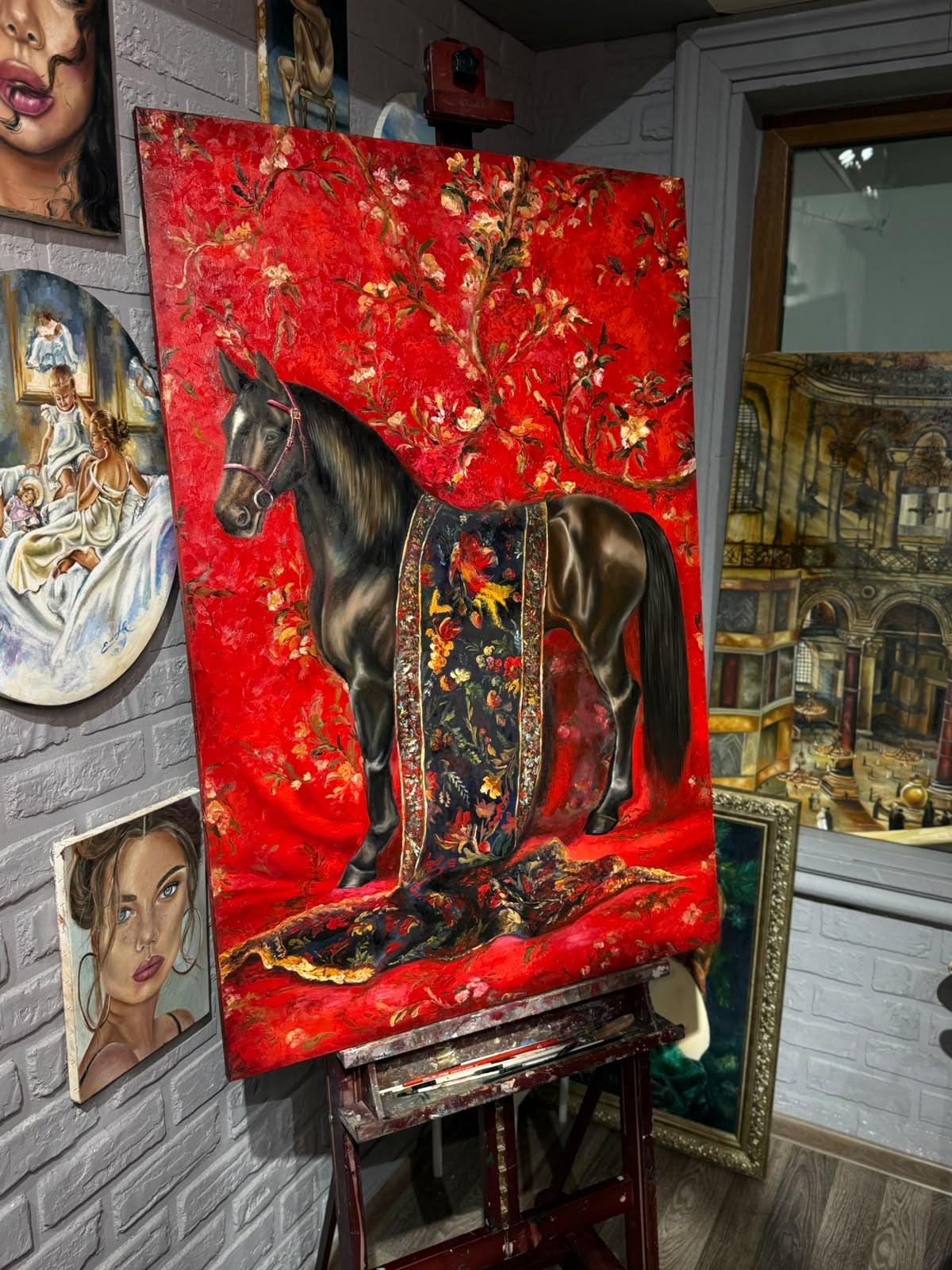Original Horse Oil Painting, Regal Black Horse Portrait with Asian Floral Pattern on Red, Large Equestrian Wall Art, Chinoiserie Decoration