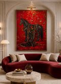 Original Horse Oil Painting, Regal Black Horse Portrait with Asian Floral Pattern on Red, Large Equestrian Wall Art, Chinoiserie Decoration