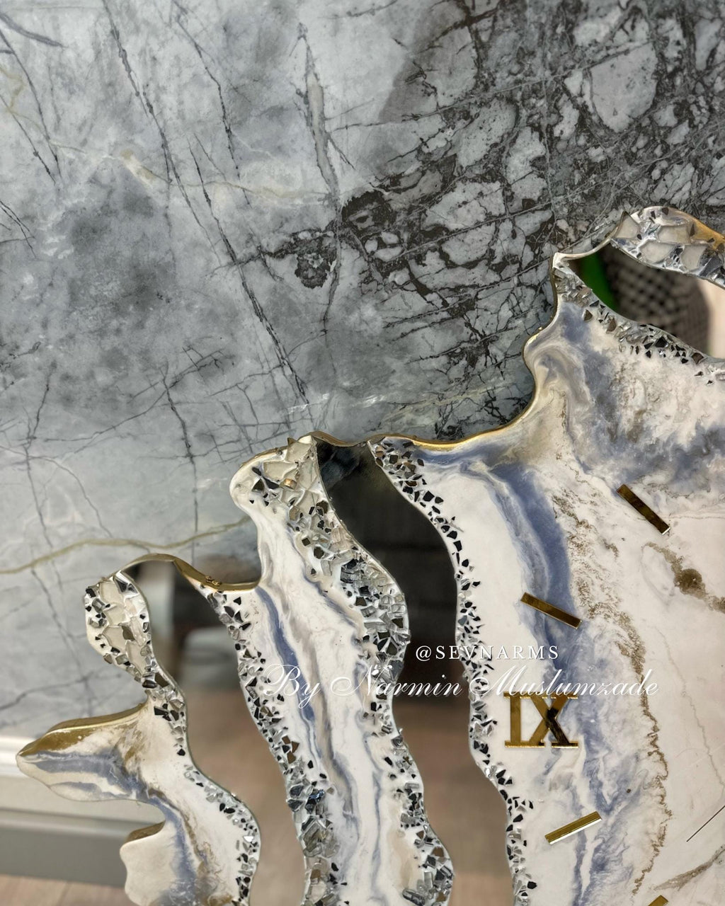 Handmade Asymmetrical Resin Wall Clock with Custom Mirror Accents | Geode Clock | White and Gold Epoxy Art | Exclusive Home Decor