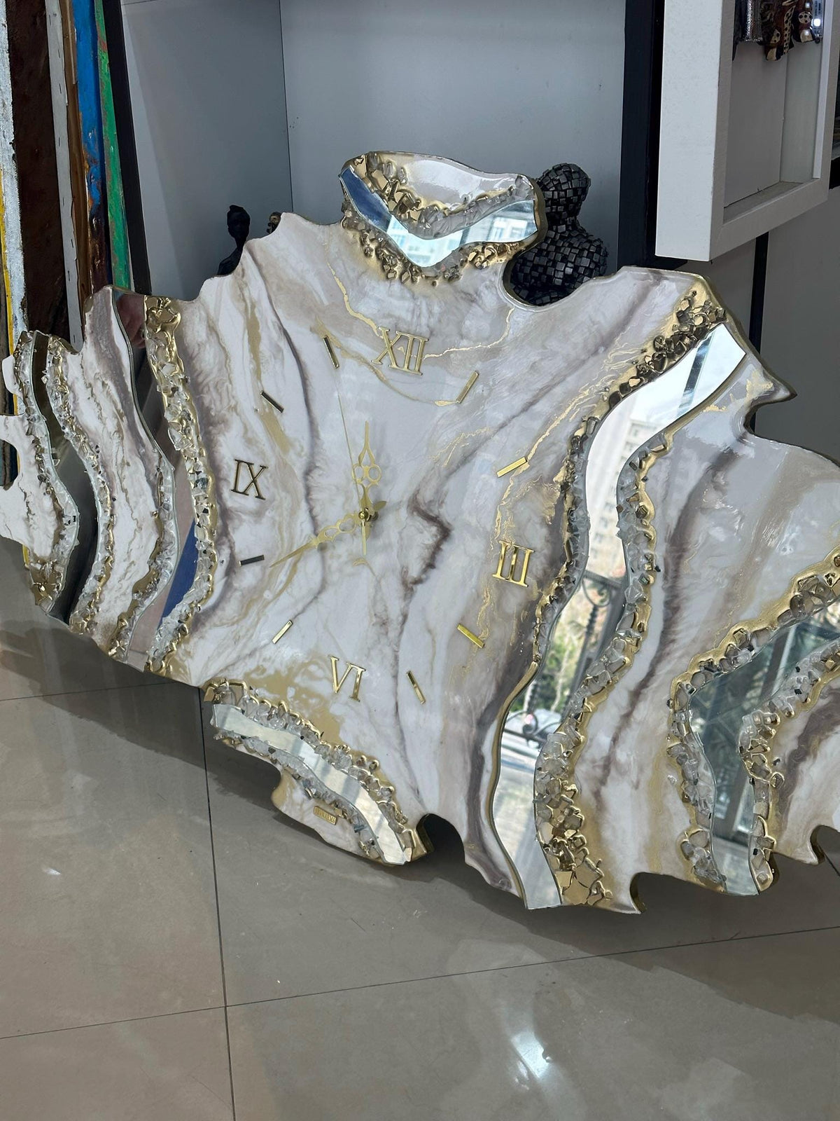 Handmade Asymmetrical Resin Wall Clock with Custom Mirror Accents | Geode Clock | White and Gold Epoxy Art | Exclusive Home Decor