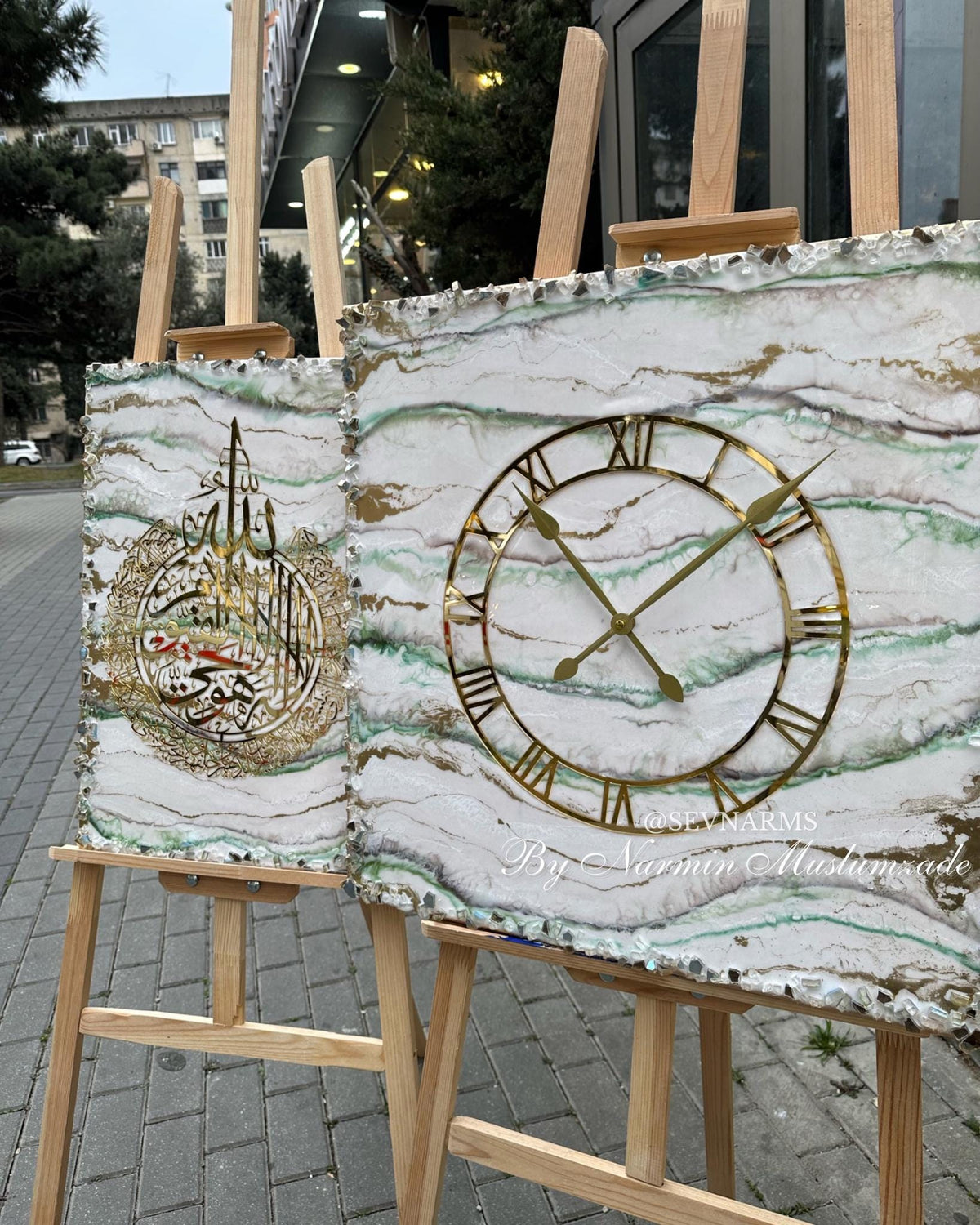 Handmade Islamic Wall Art Triptych Resin Clock | Ayatul Kursi, Al-Falaq, An-Nas | 3 Piece Set | Crushed Mirror Geode Decor | Custom Muslim