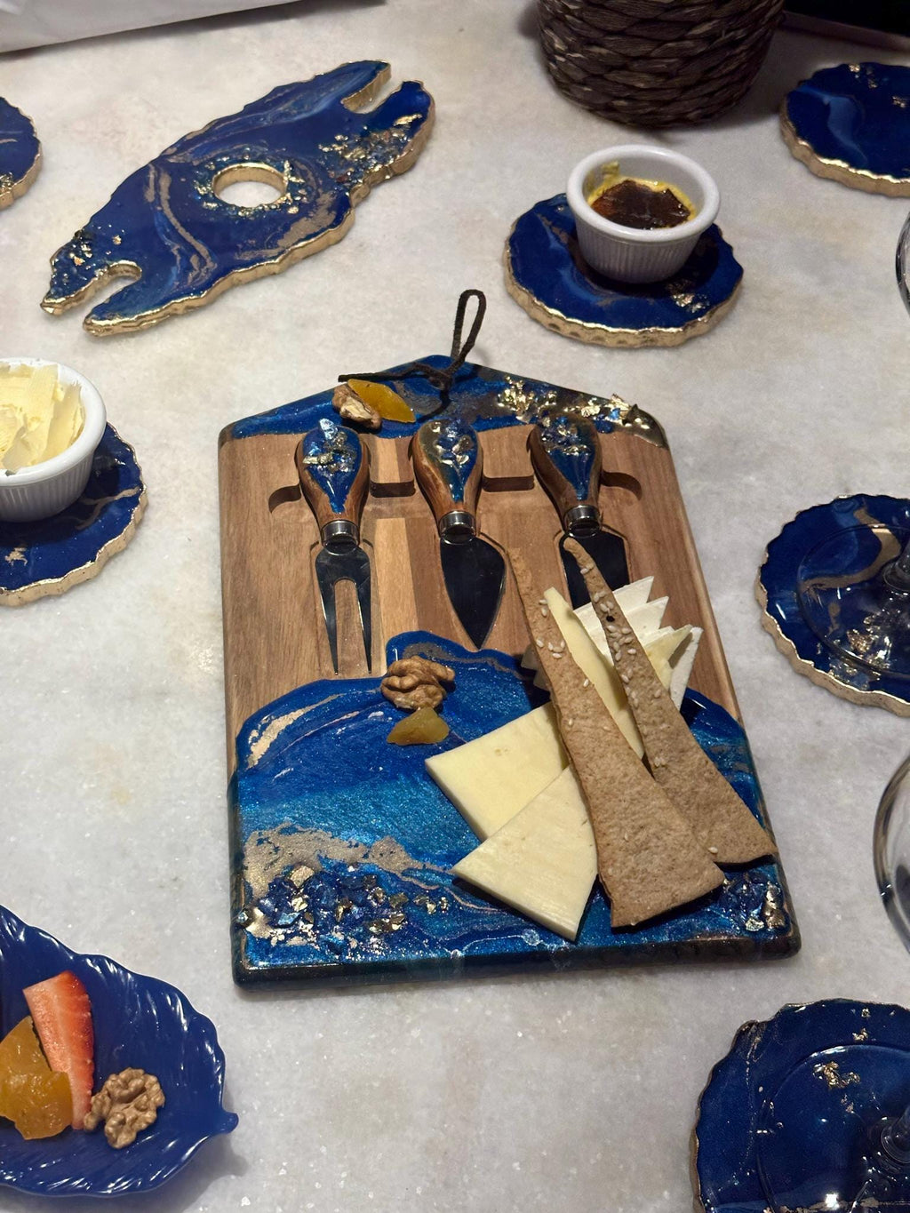 Handmade Blue Resin Wine Serving Set, Geode Coasters, Cheese Board, Wine Glass Holder & Feather Tray| Epoxy Home Gift