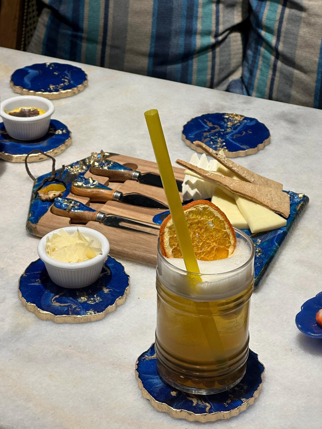 Handmade Blue Resin Wine Serving Set, Geode Coasters, Cheese Board, Wine Glass Holder & Feather Tray| Epoxy Home Gift