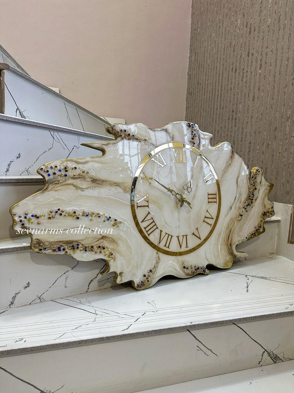 Asymmetric Geode Resin Wall Clock with Crystals, Irregular Shape Abstract Epoxy Clock, Luxury Marble Wall Art, Available in Gold & Silver