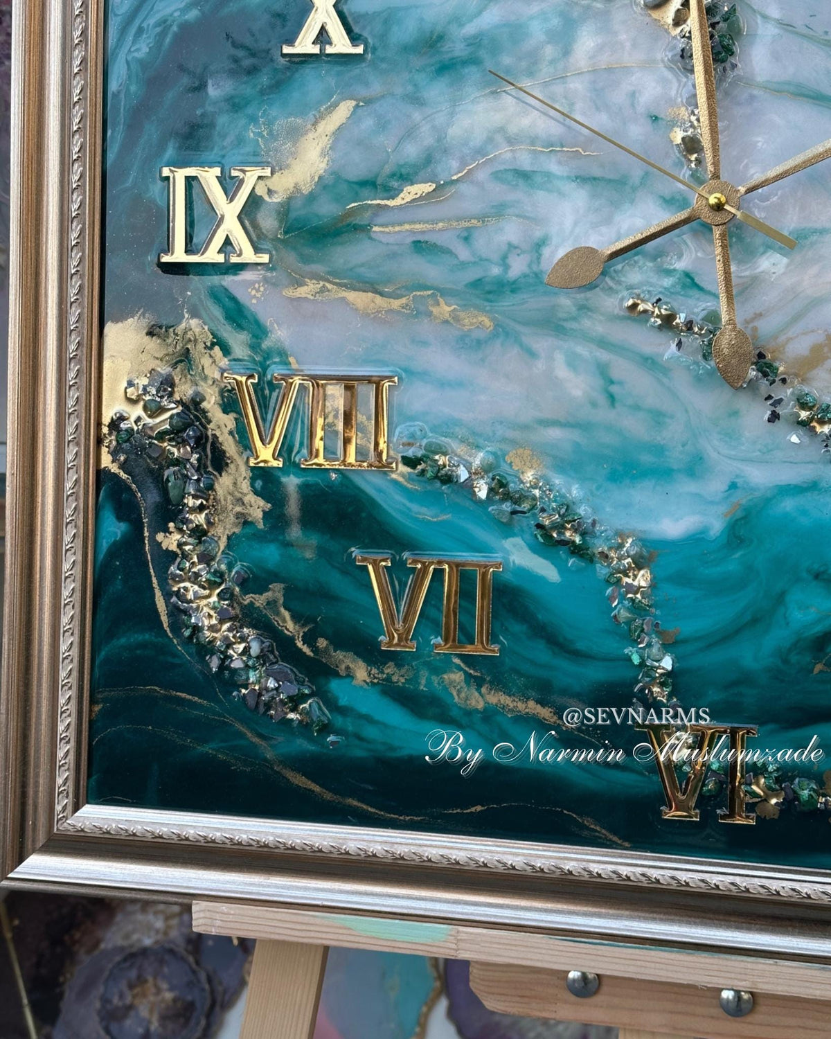 Custom Square Resin Wall Clock, Abstract Epoxy Art with Crystals & Stones, Luxury Home Decor, Available in Any Color
