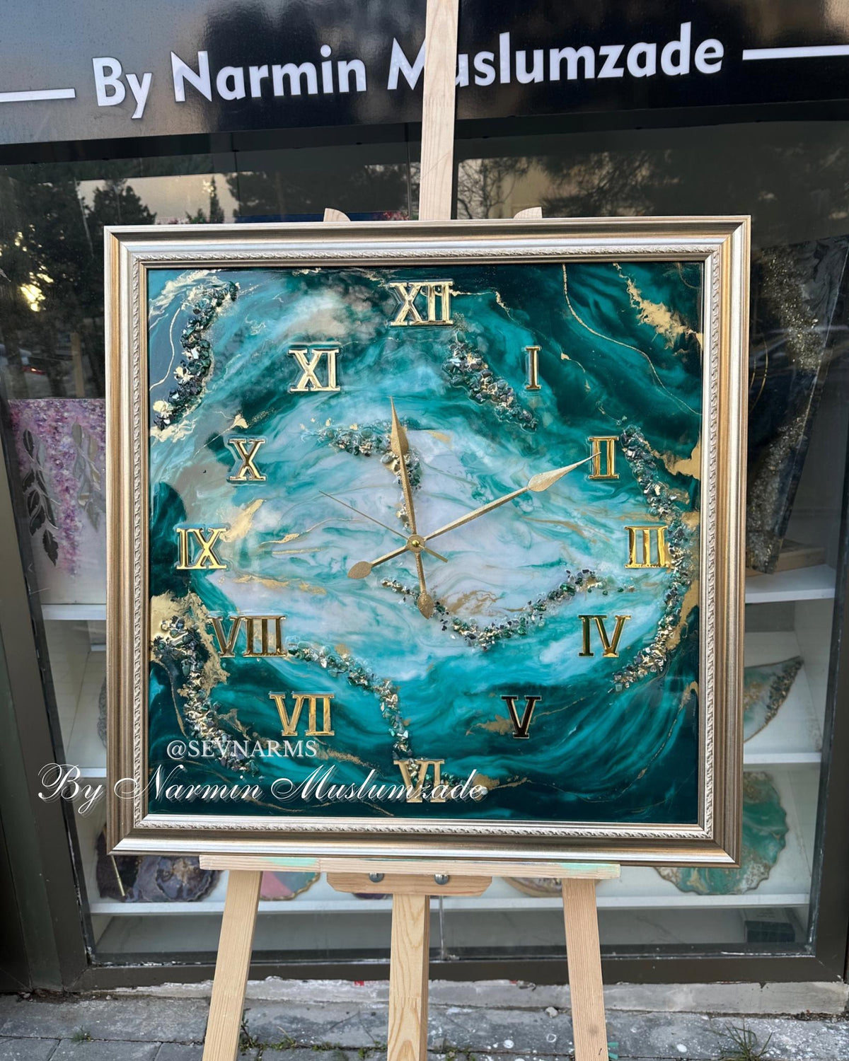 Custom Square Resin Wall Clock, Abstract Epoxy Art with Crystals & Stones, Luxury Home Decor, Available in Any Color