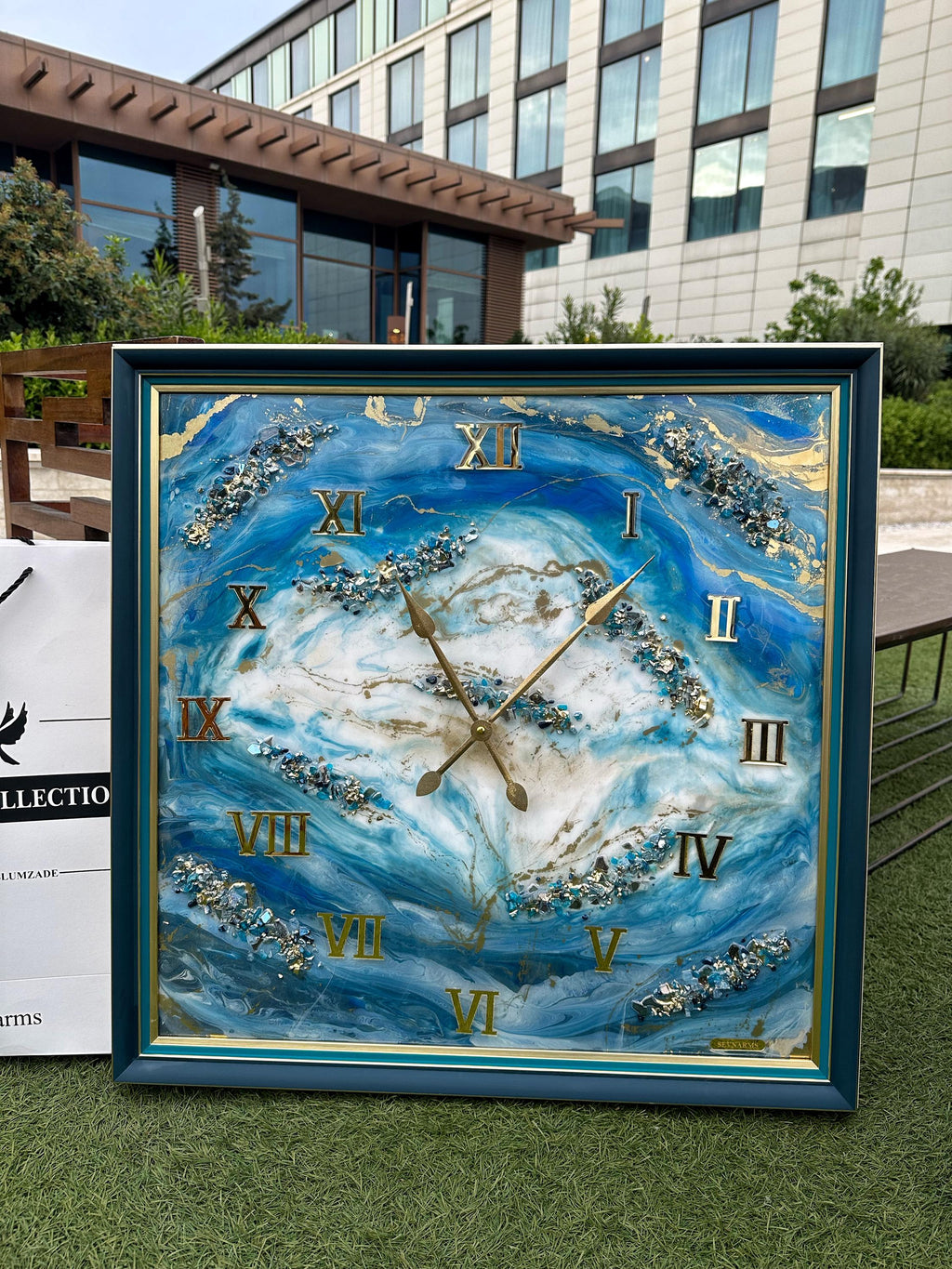 Custom Square Resin Wall Clock, Abstract Epoxy Art with Crystals & Stones, Luxury Home Decor, Available in Any Color