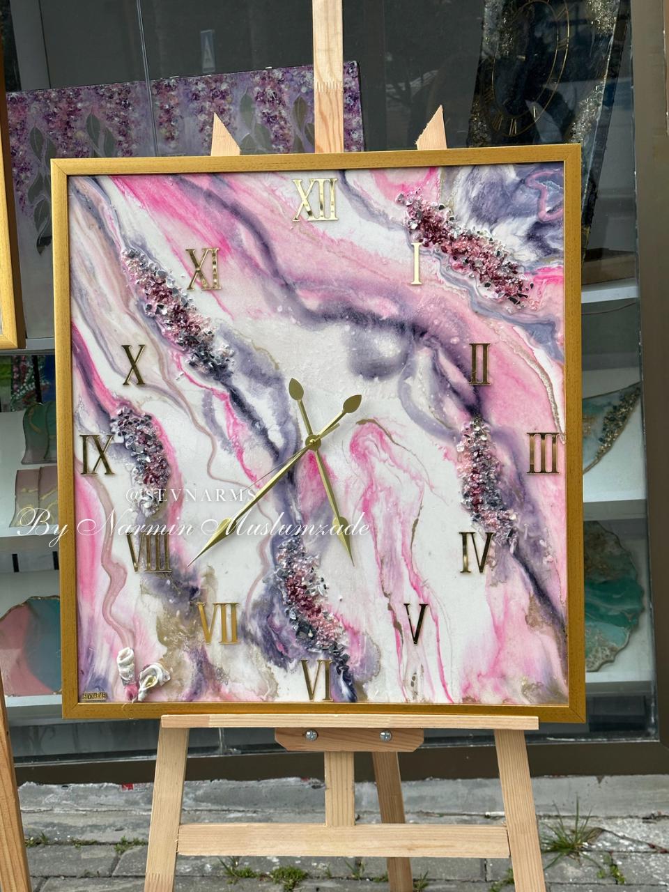 Custom Square Resin Wall Clock, Abstract Epoxy Art with Crystals & Stones, Luxury Home Decor, Available in Any Color