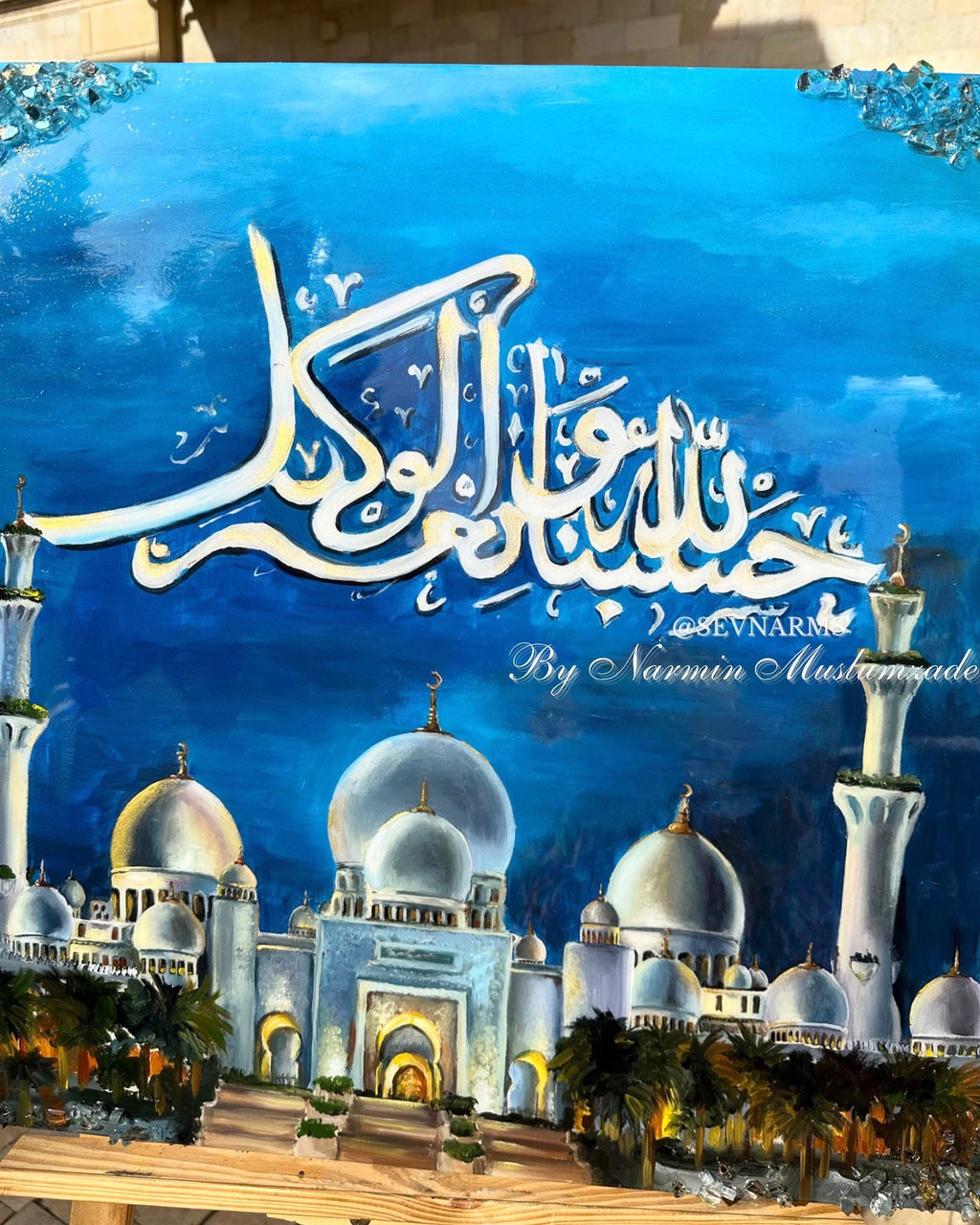 Resin&Oil Painting Islamic Art - Sura Al-Imran Dua Mixed, Grand Mosque, Geode Crystals, Hand Calligraphy