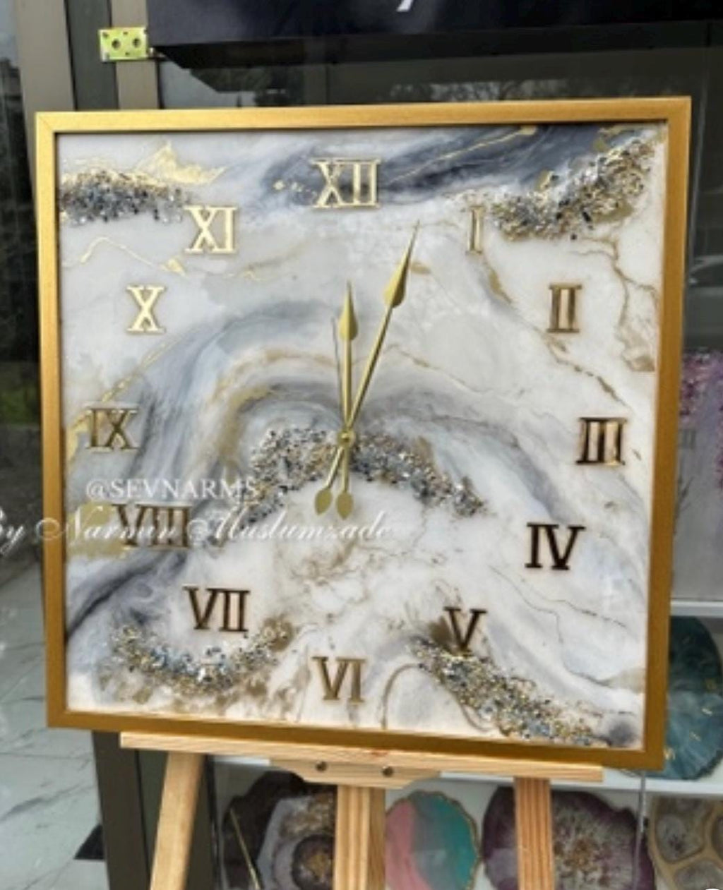 Custom Square Resin Wall Clock, Abstract Epoxy Art with Crystals & Stones, Luxury Home Decor, Available in Any Color