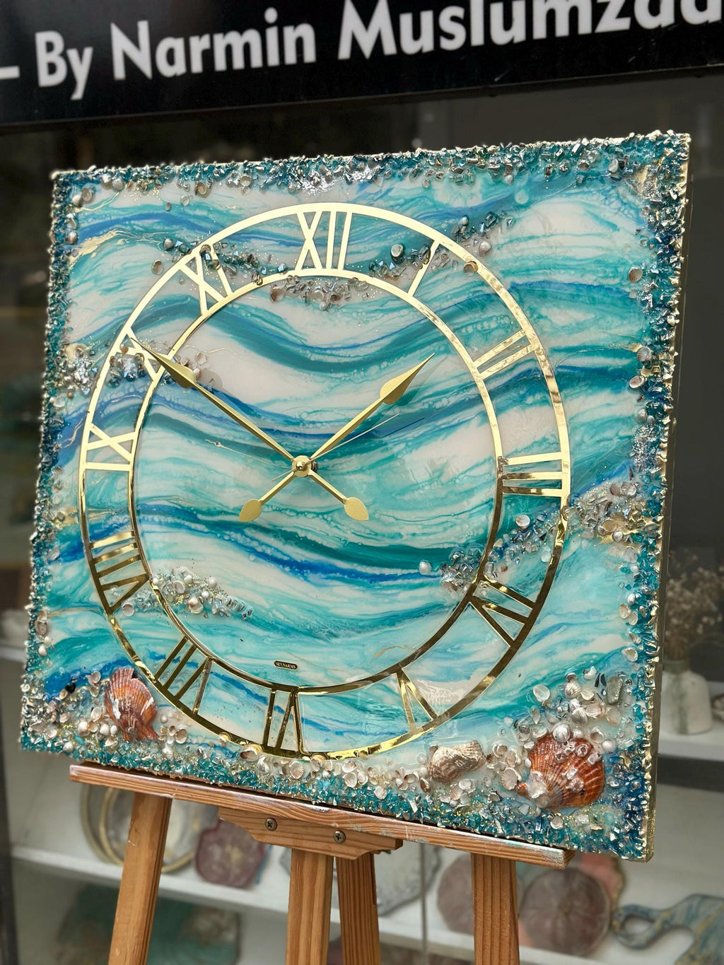 Custom Square Resin Wall Clock, Abstract Epoxy Art with Crystals & Stones, Luxury Home Decor, Available in Any Color