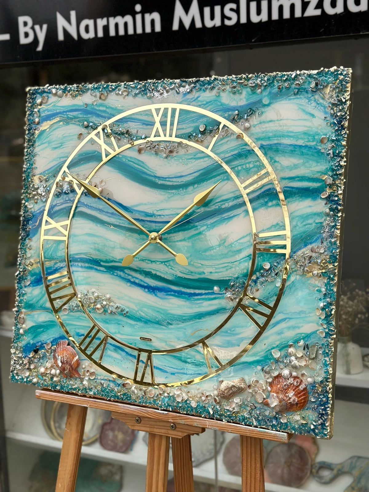 Custom Square Resin Wall Clock, Abstract Epoxy Art with Crystals & Stones, Luxury Home Decor, Available in Any Color