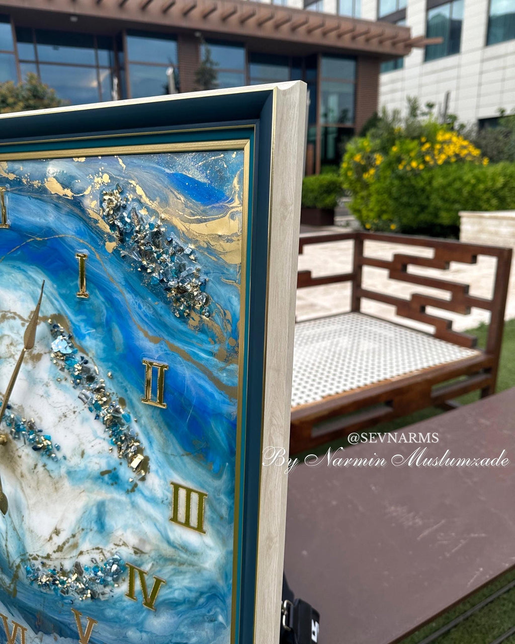 Custom Square Resin Wall Clock, Abstract Epoxy Art with Crystals & Stones, Luxury Home Decor, Available in Any Color