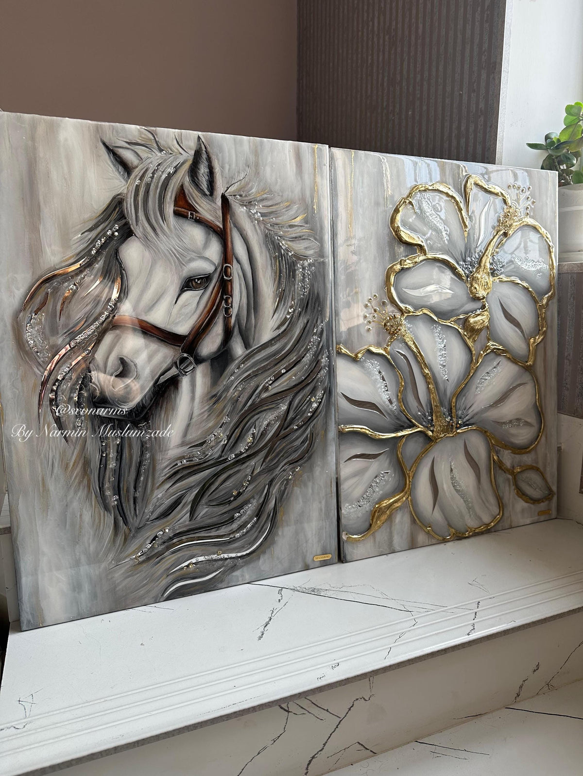 Horse Resin Art Painting , Flower Art , Butterfly Art With Mirror, Modern Art , Luxury Interior Art Handmade Oil Painting