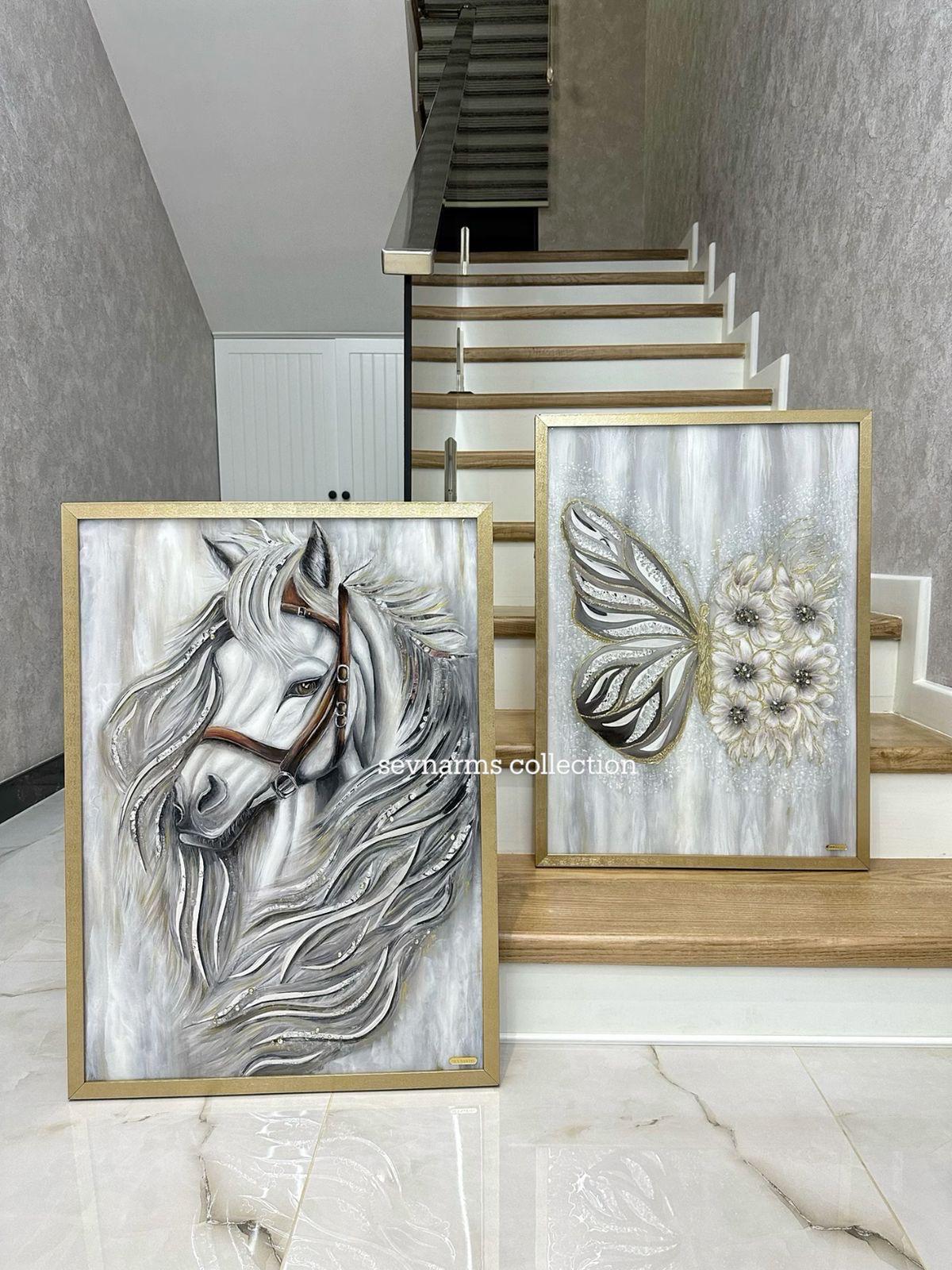 Horse Resin Art Painting , Flower Art , Butterfly Art With Mirror, Modern Art , Luxury Interior Art Handmade Oil Painting