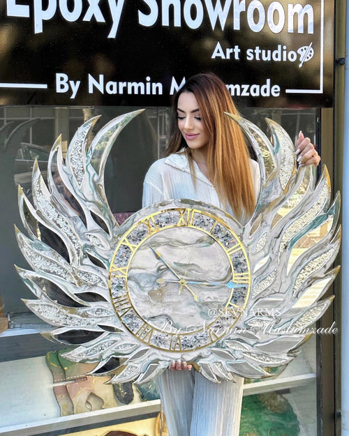 Angel Wings Resin Wall Clock, Large Mirror Wall Clock, 3D Epoxy Resin Wall Art, Luxury Gold Roman Numeral Clock, Glam Home Decor