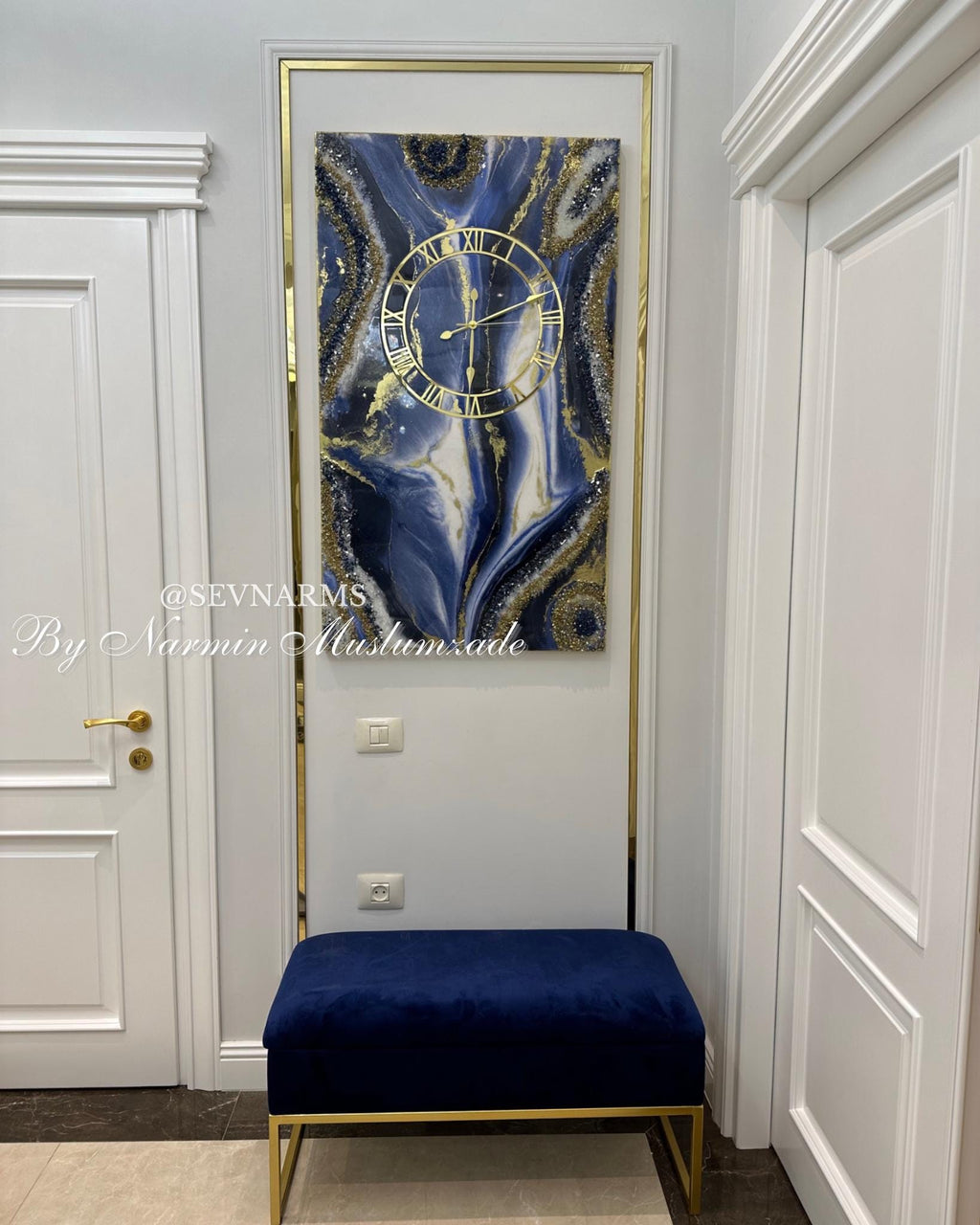 Large Navy Blue Geode Resin Wall Clock,Rectangular Epoxy Art Clock Glass Crystals, Luxury Statement Wall Decor, Modern Abstract Art