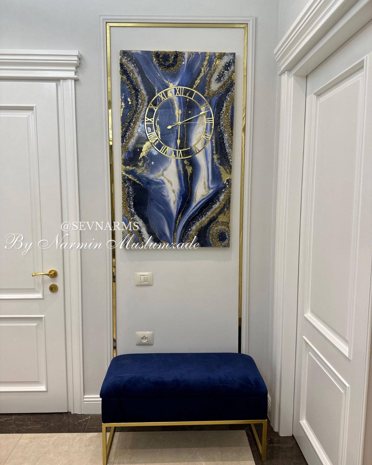 Large Navy Blue Geode Resin Wall Clock,Rectangular Epoxy Art Clock Glass Crystals, Luxury Statement Wall Decor, Modern Abstract Art