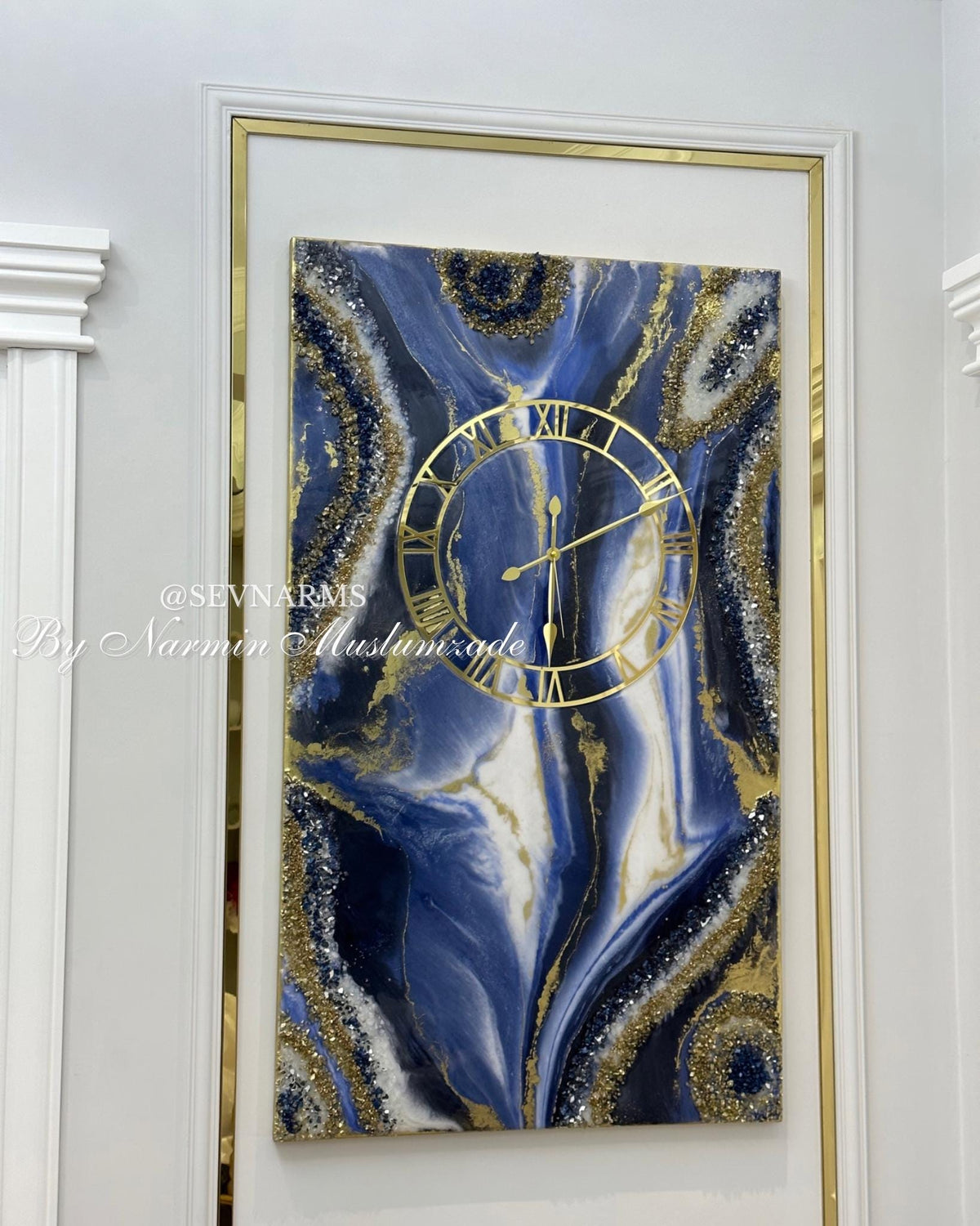 Large Navy Blue Geode Resin Wall Clock,Rectangular Epoxy Art Clock Glass Crystals, Luxury Statement Wall Decor, Modern Abstract Art