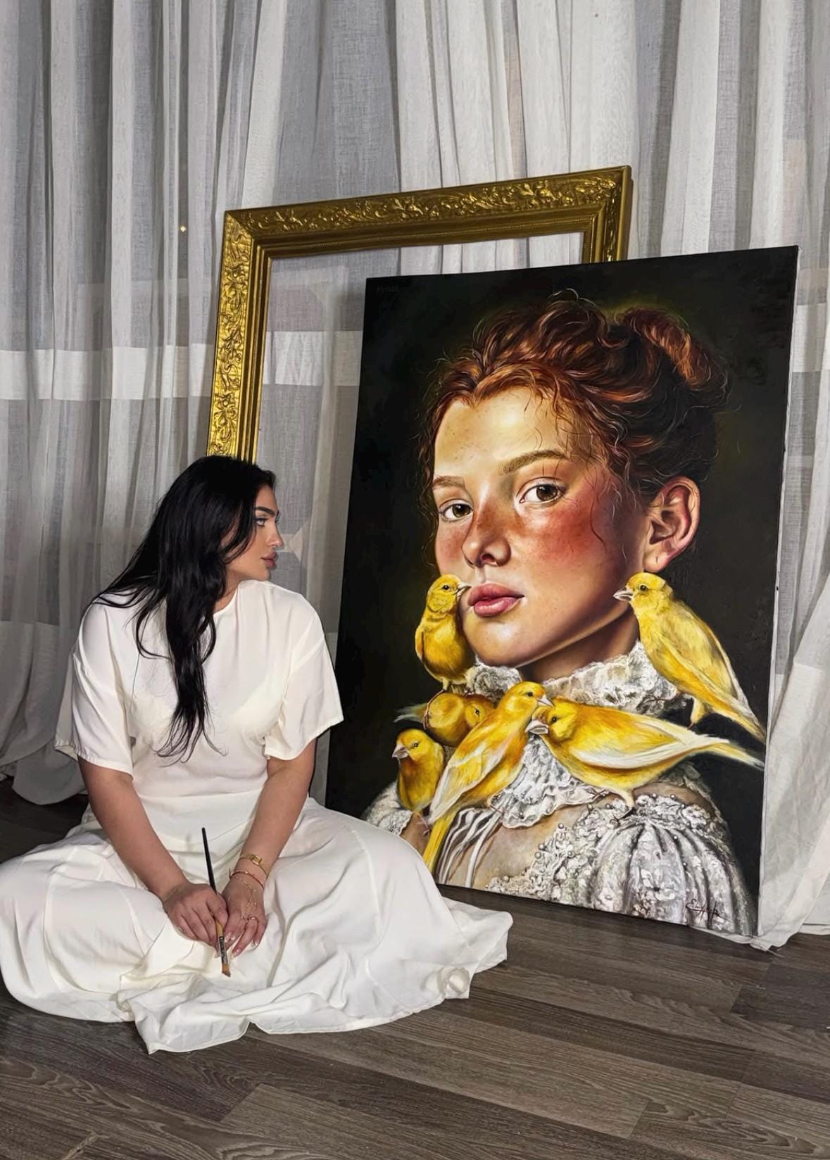 Oil painting Portrait of Woman with Yellow Birds, Surreal Canary Art , Dark Academia Canvas Wall Decor, Fantasy Vintage Art