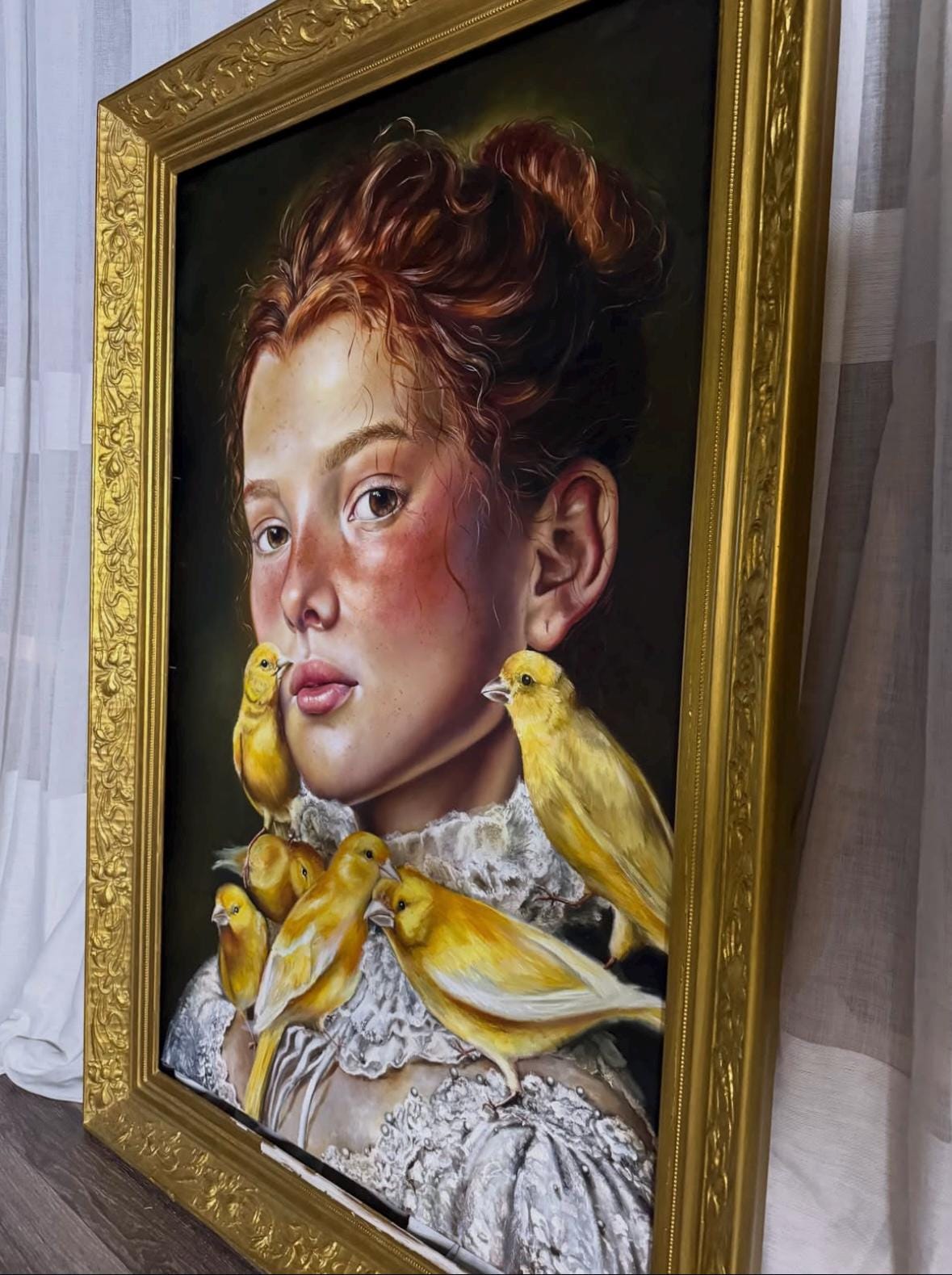 Oil painting Portrait of Woman with Yellow Birds, Surreal Canary Art , Dark Academia Canvas Wall Decor, Fantasy Vintage Art