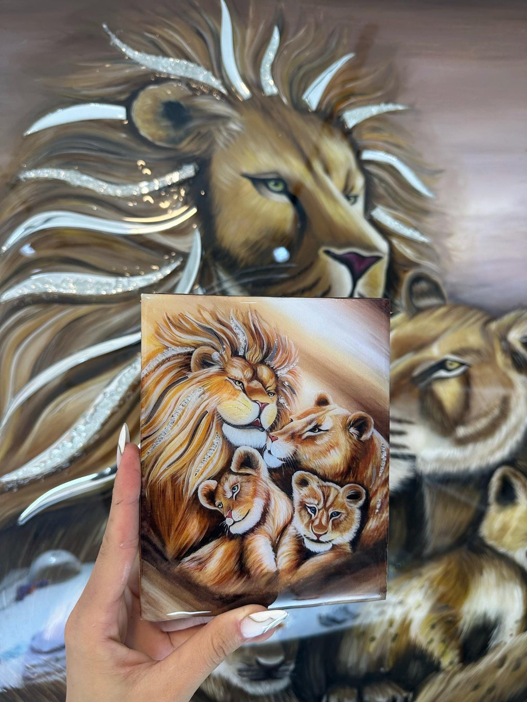 Handmade Lion Resin Art, Family Acrylic Painting | Epoxy Wall Art with Glass Stones & Mirror Details | Hand-Painted Wildlife 3D Home Decor