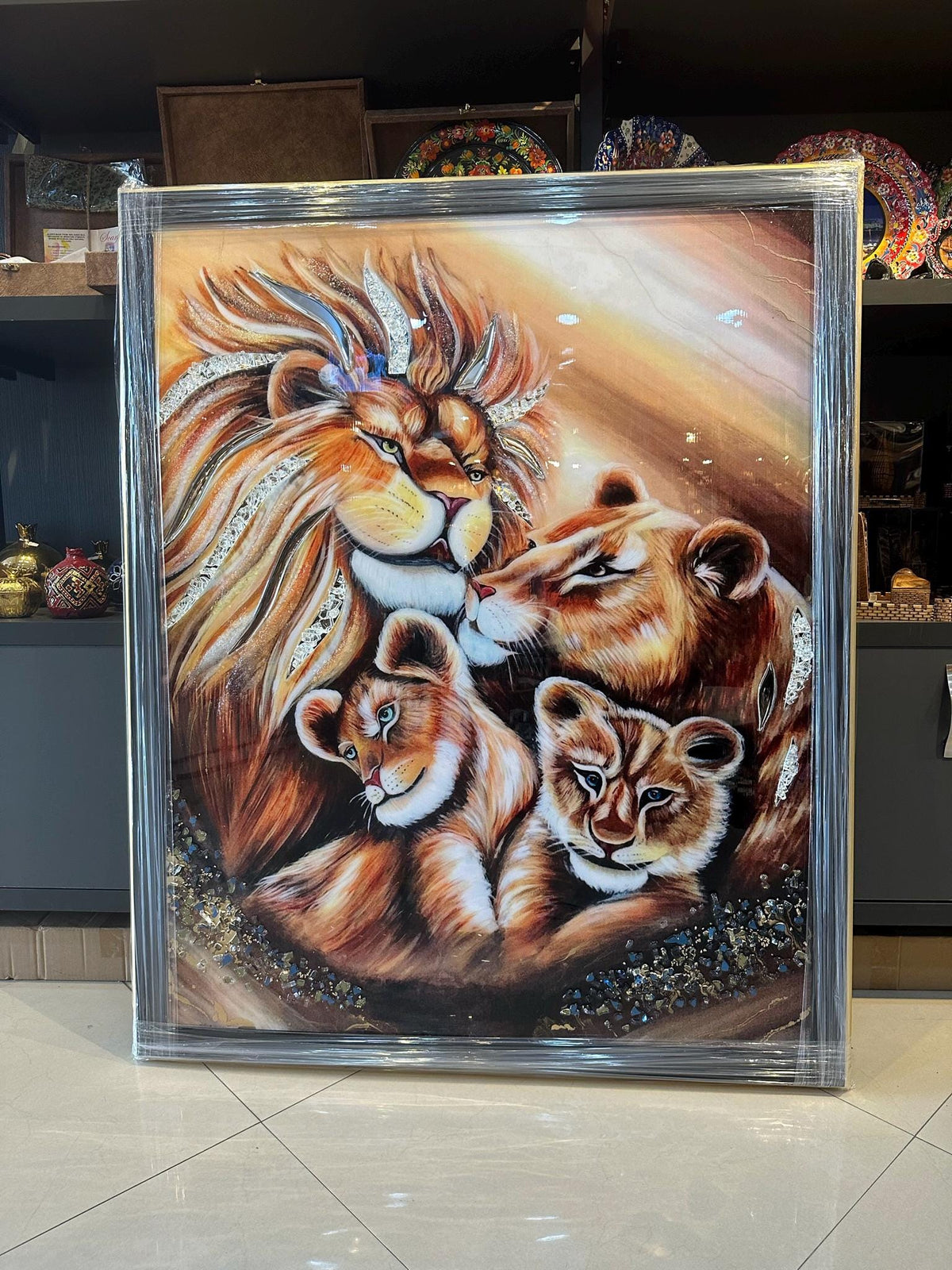 Handmade Lion Resin Art, Family Acrylic Painting | Epoxy Wall Art with Glass Stones & Mirror Details | Hand-Painted Wildlife 3D Home Decor