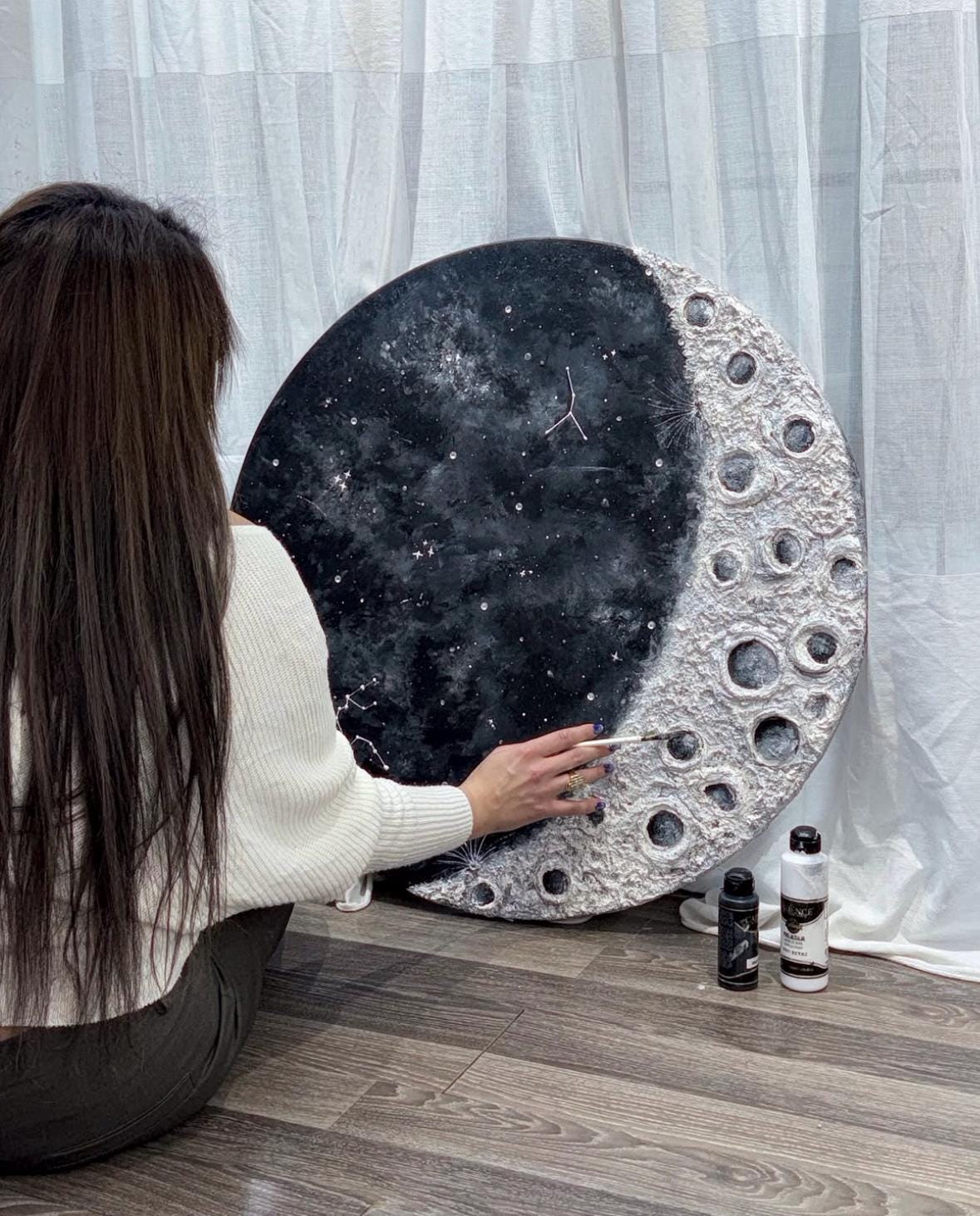 Handmade Resin Moon Wall Art & Clock | Custom Zodiac Constellation Celestial Decor | Matte Painted Canvas or Glossy Epoxy Resin Starry Night