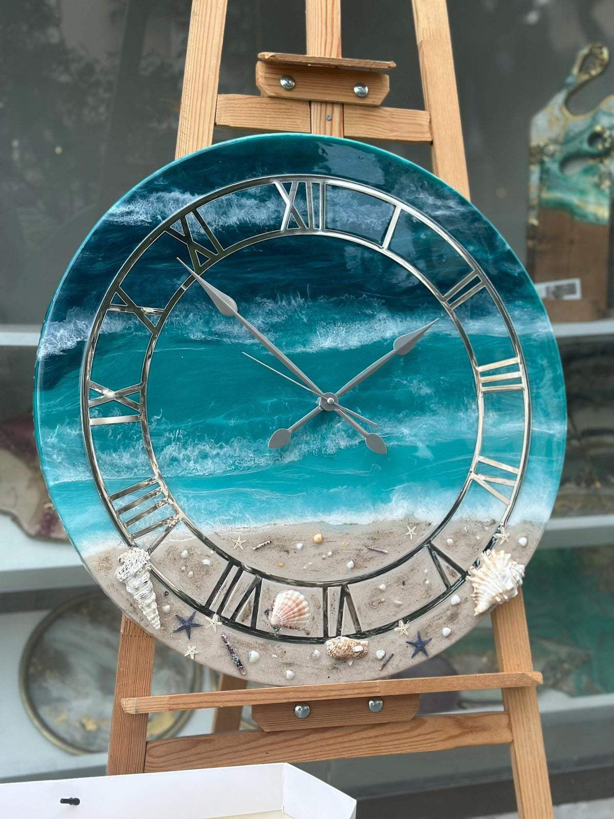 Handmade Epoxy Resin Ocean Table  Clock: Turquoise Blue, Shells, Starfish (Wall Clock)