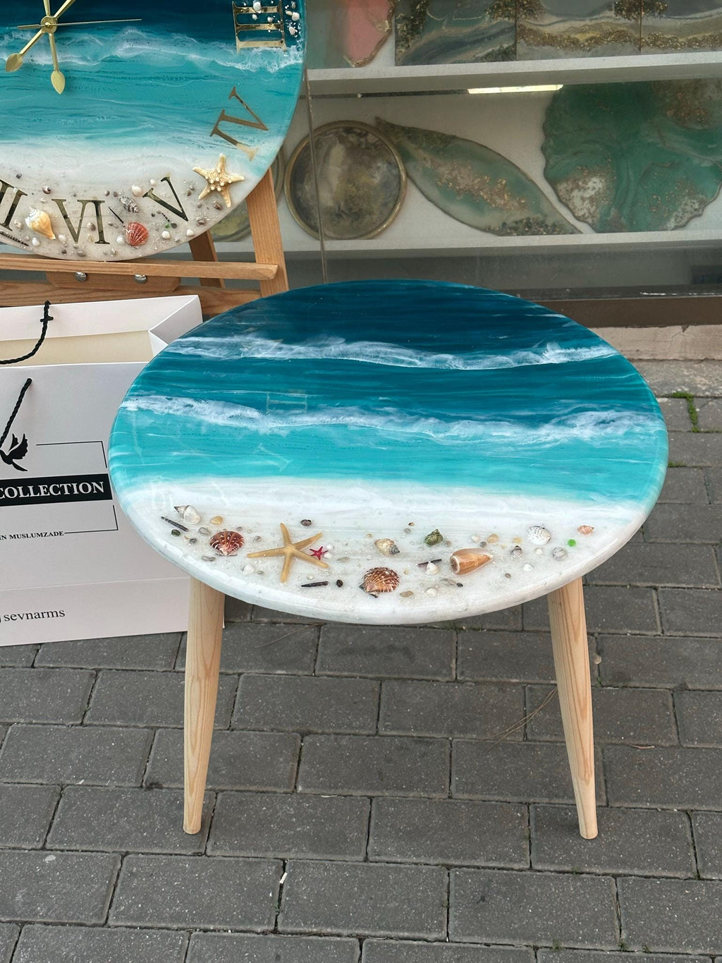 Handmade Epoxy Resin Ocean Table  Clock: Turquoise Blue, Shells, Starfish (Wall Clock)