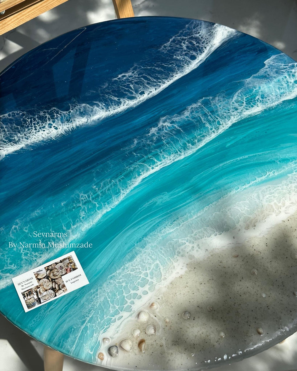 Handmade Epoxy Resin Ocean Table  Clock: Turquoise Blue, Shells, Starfish (Wall Clock)