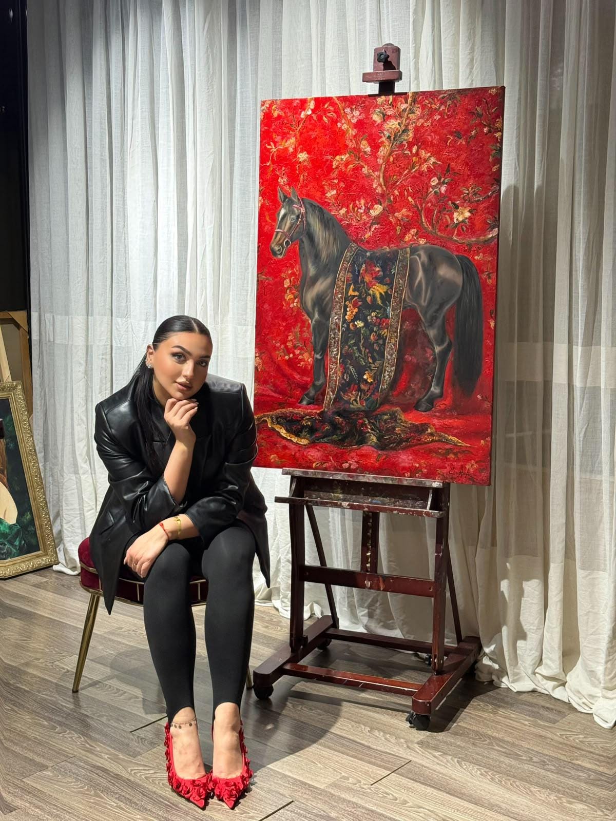 Original Horse Oil Painting, Regal Black Horse Portrait with Asian Floral Pattern on Red, Large Equestrian Wall Art, Chinoiserie Decoration