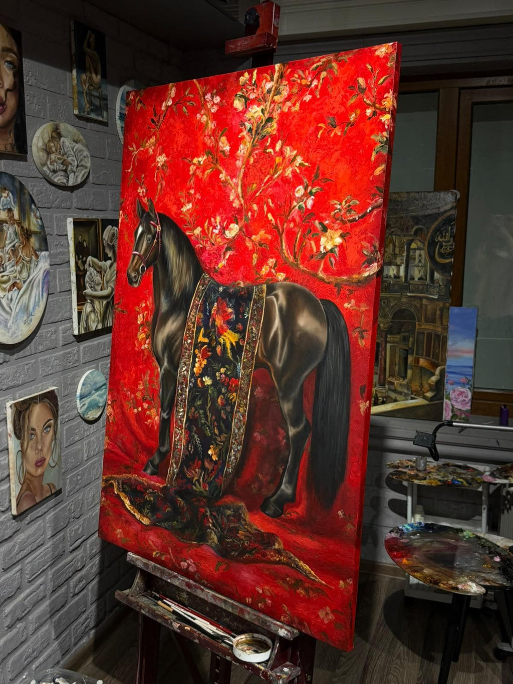 Original Horse Oil Painting, Regal Black Horse Portrait with Asian Floral Pattern on Red, Large Equestrian Wall Art, Chinoiserie Decoration