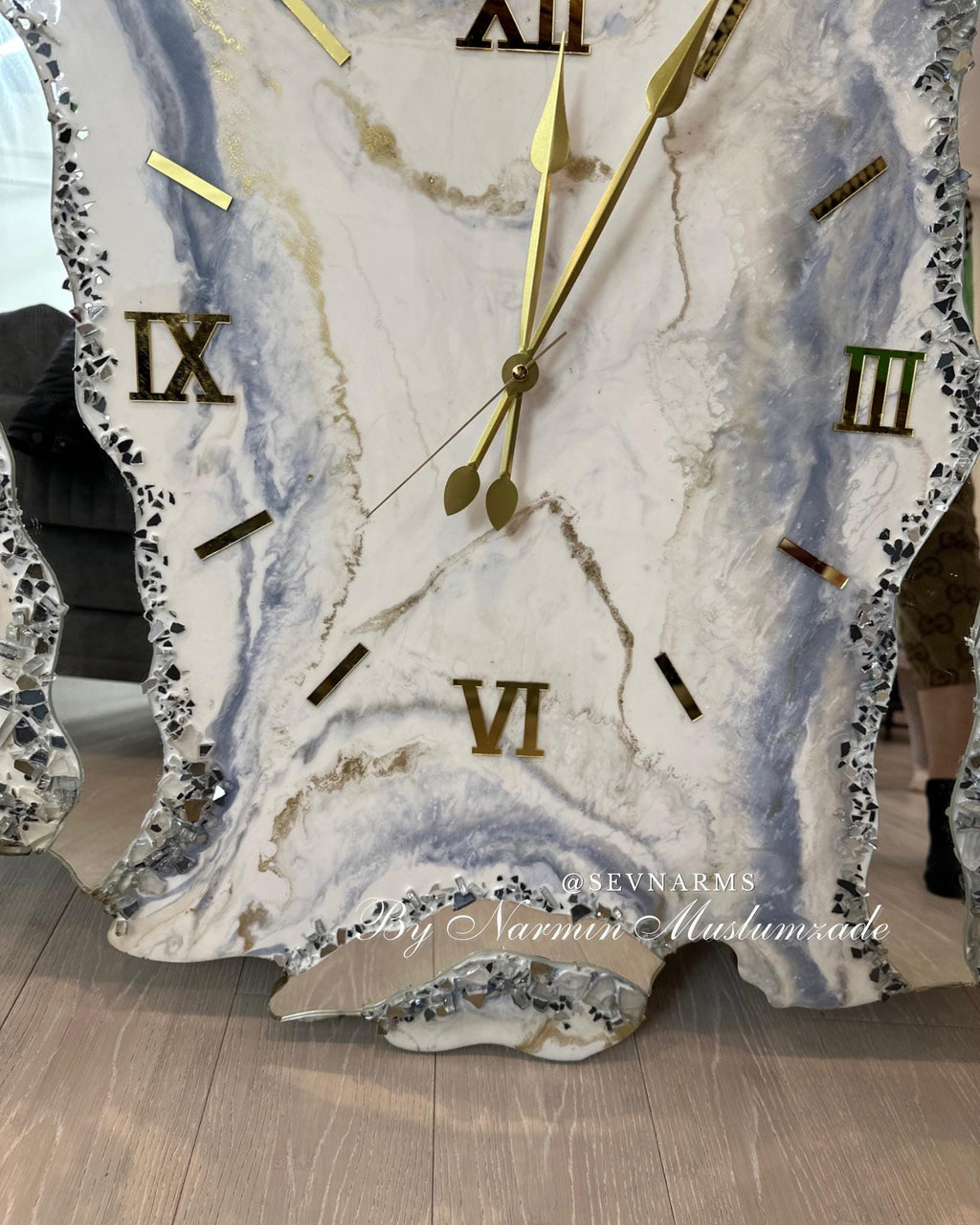 Handmade Asymmetrical Resin Wall Clock with Custom Mirror Accents | Geode Clock | White and Gold Epoxy Art | Exclusive Home Decor
