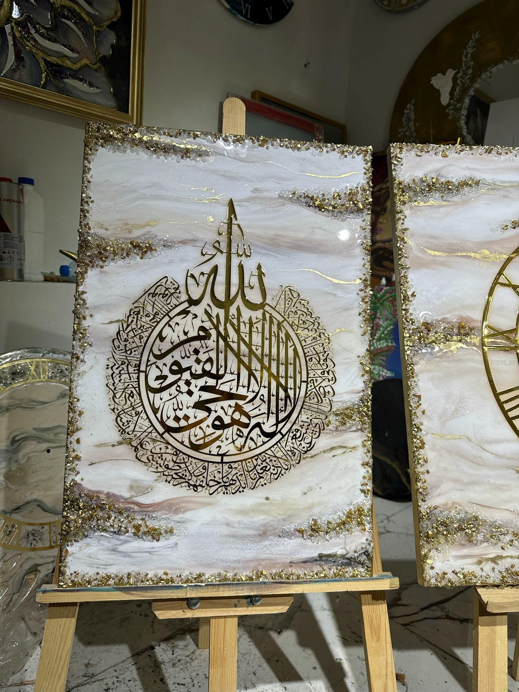 Handmade Islamic Wall Art Triptych Resin Clock | Ayatul Kursi, Al-Falaq, An-Nas | 3 Piece Set | Crushed Mirror Geode Decor | Custom Muslim